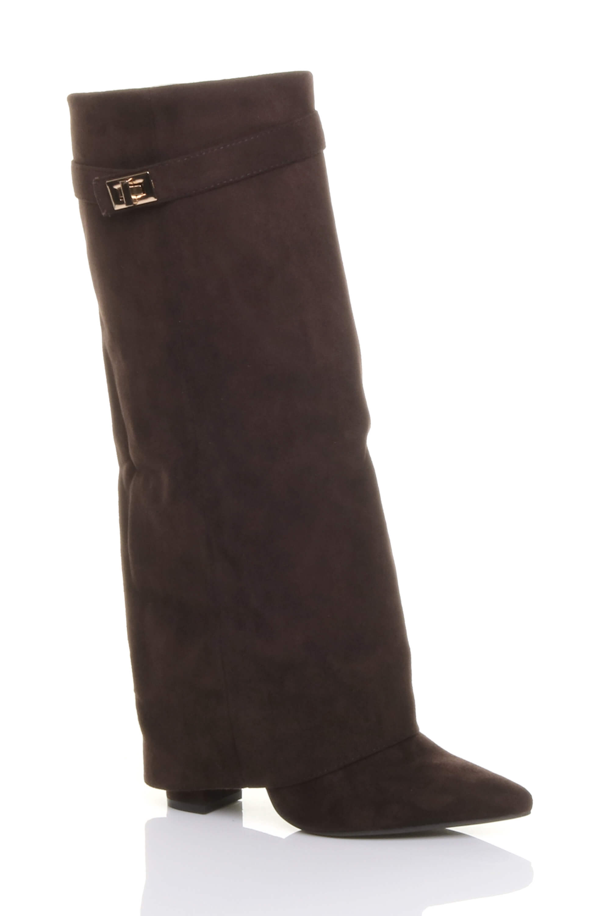 Black High Block Heel Pointed Toe Fold Over Knee Boots