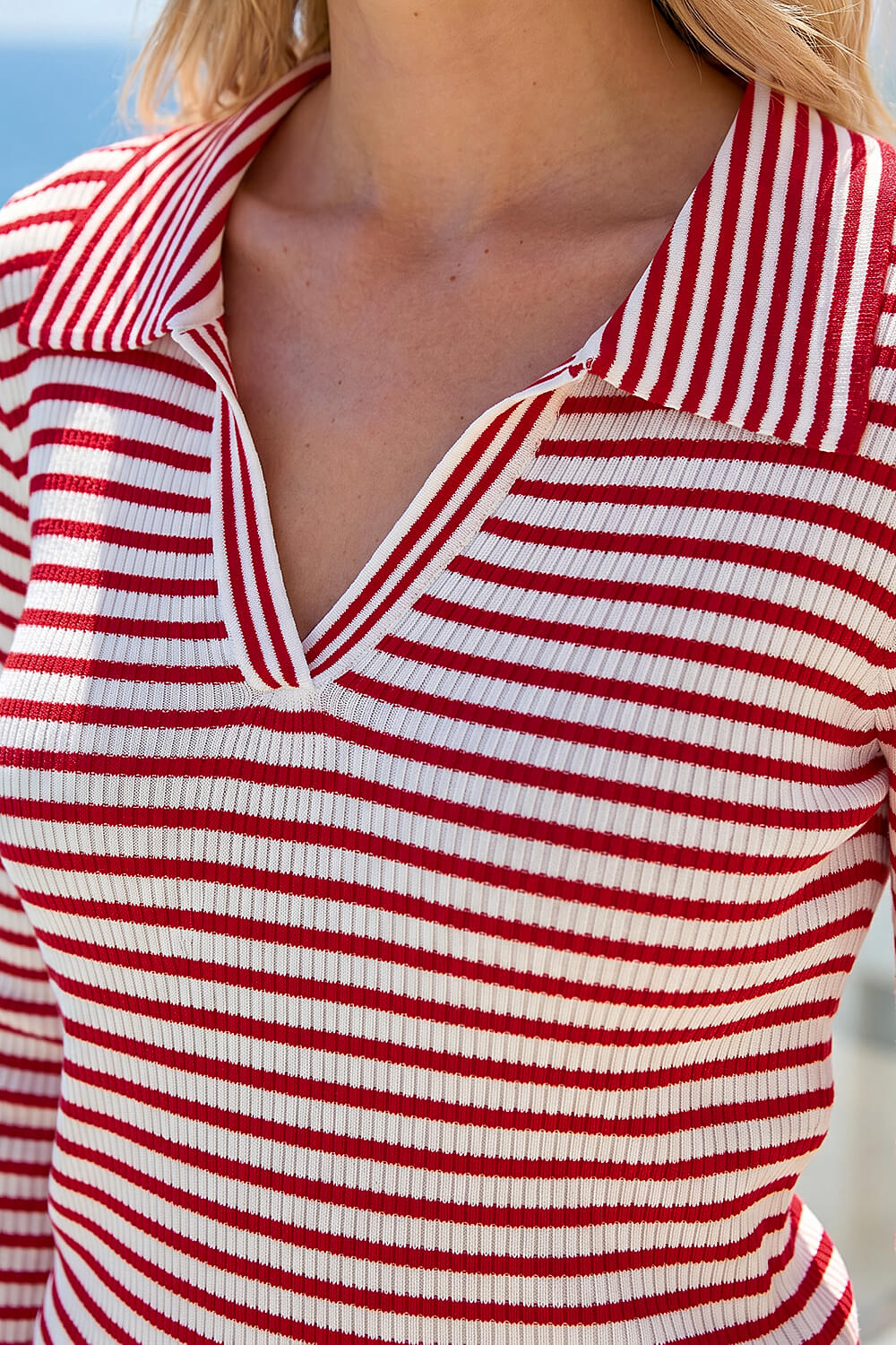 Red Stripe Collar Knit Top, Image 5 of 4