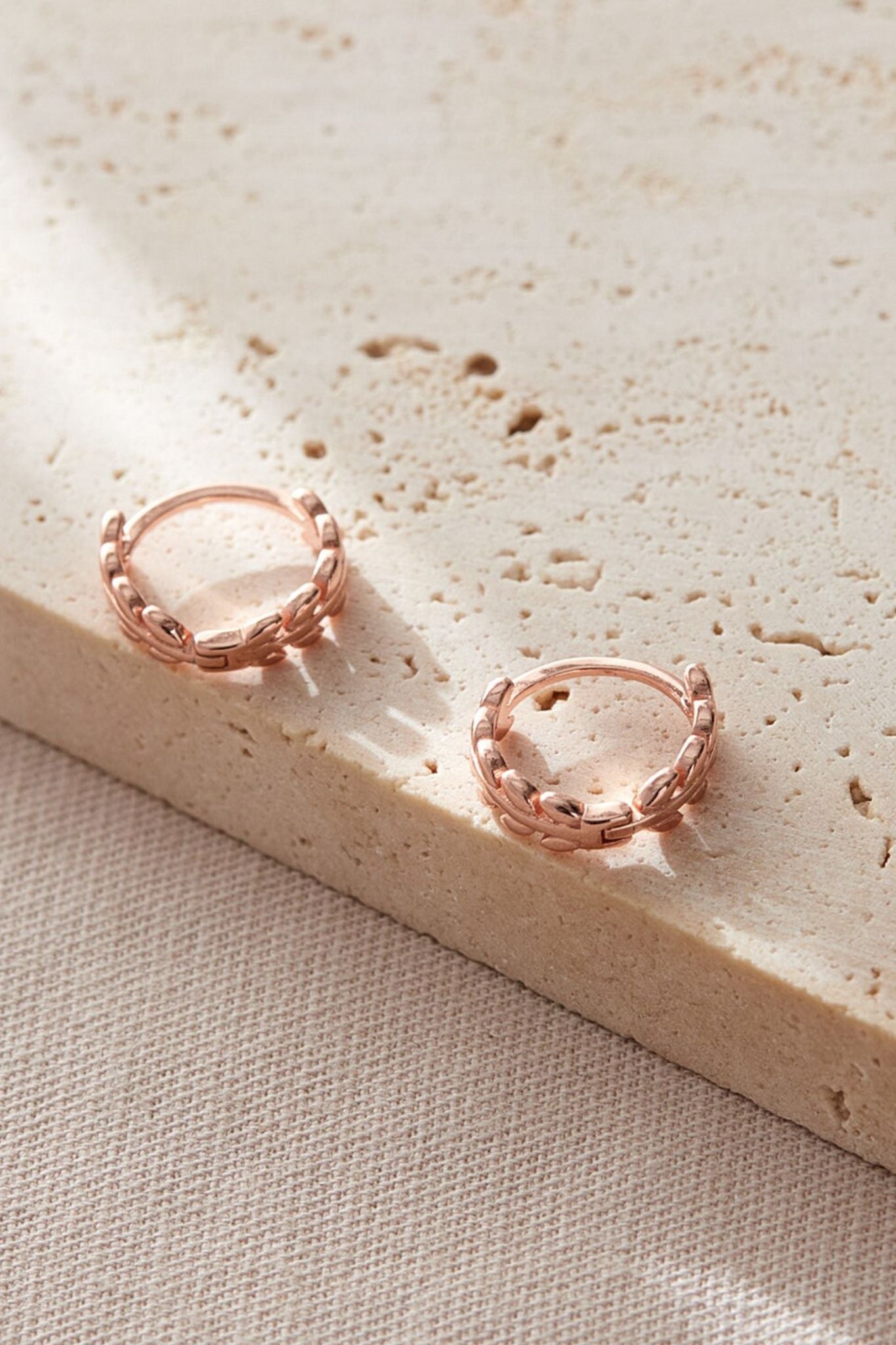 Rose Gold Mia Gioielli Rose Gold Sterling Silver Olive Leaf Huggie Hoops, Image 2 of 2