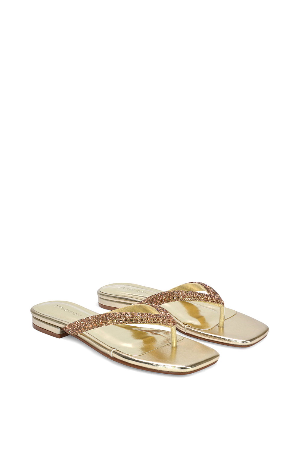 Gold 'Blake' Flat Slip On Diamante Sandals With Thong Strap, Image 3 of 6