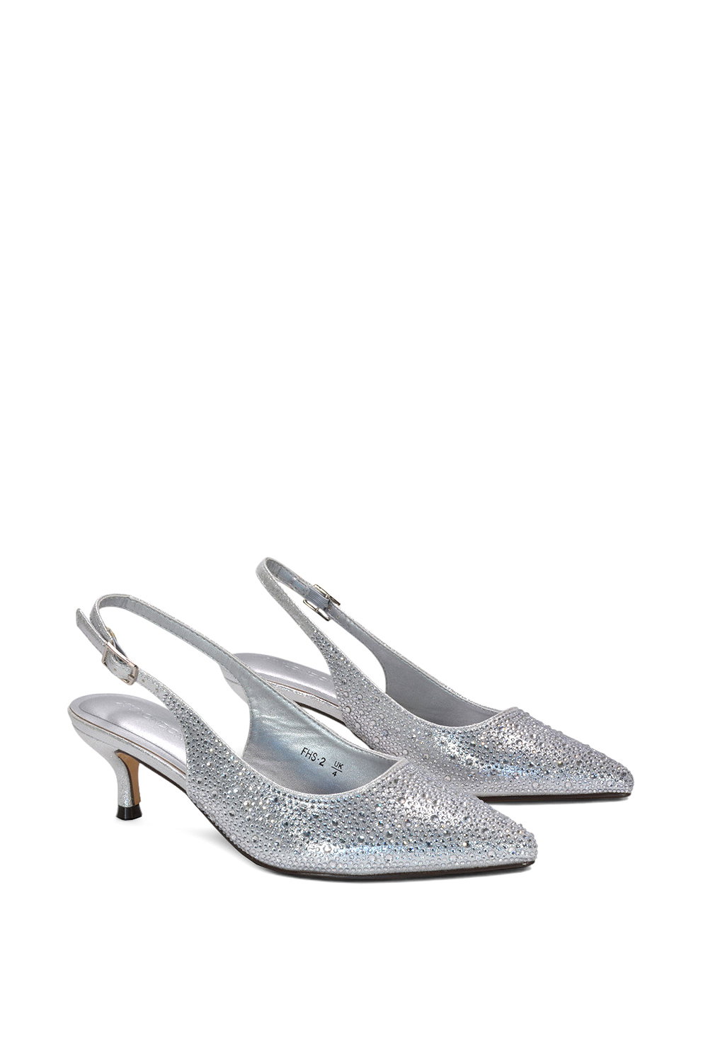 Silver XY LONDON Silver Slingback Court Shoes Pointed Kitten Heels With Crystal Details, Image 3 of 6