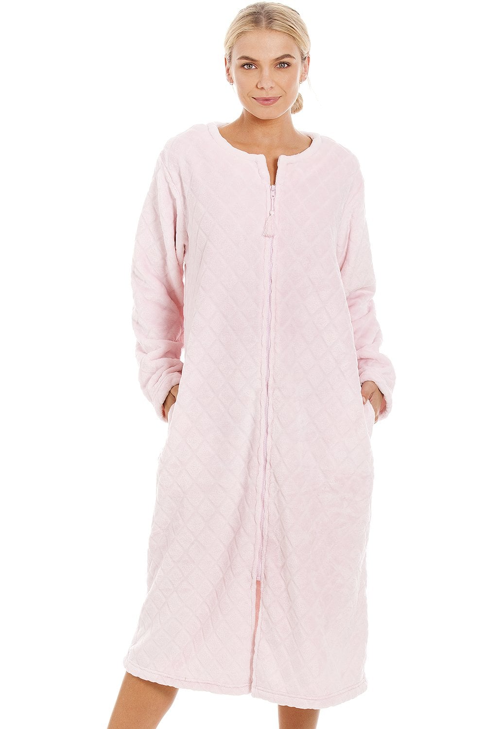 Light Pink Camille Lingerie Light Pink Supersoft Diamond Print Zip Up Housecoat, Image 1 of 5