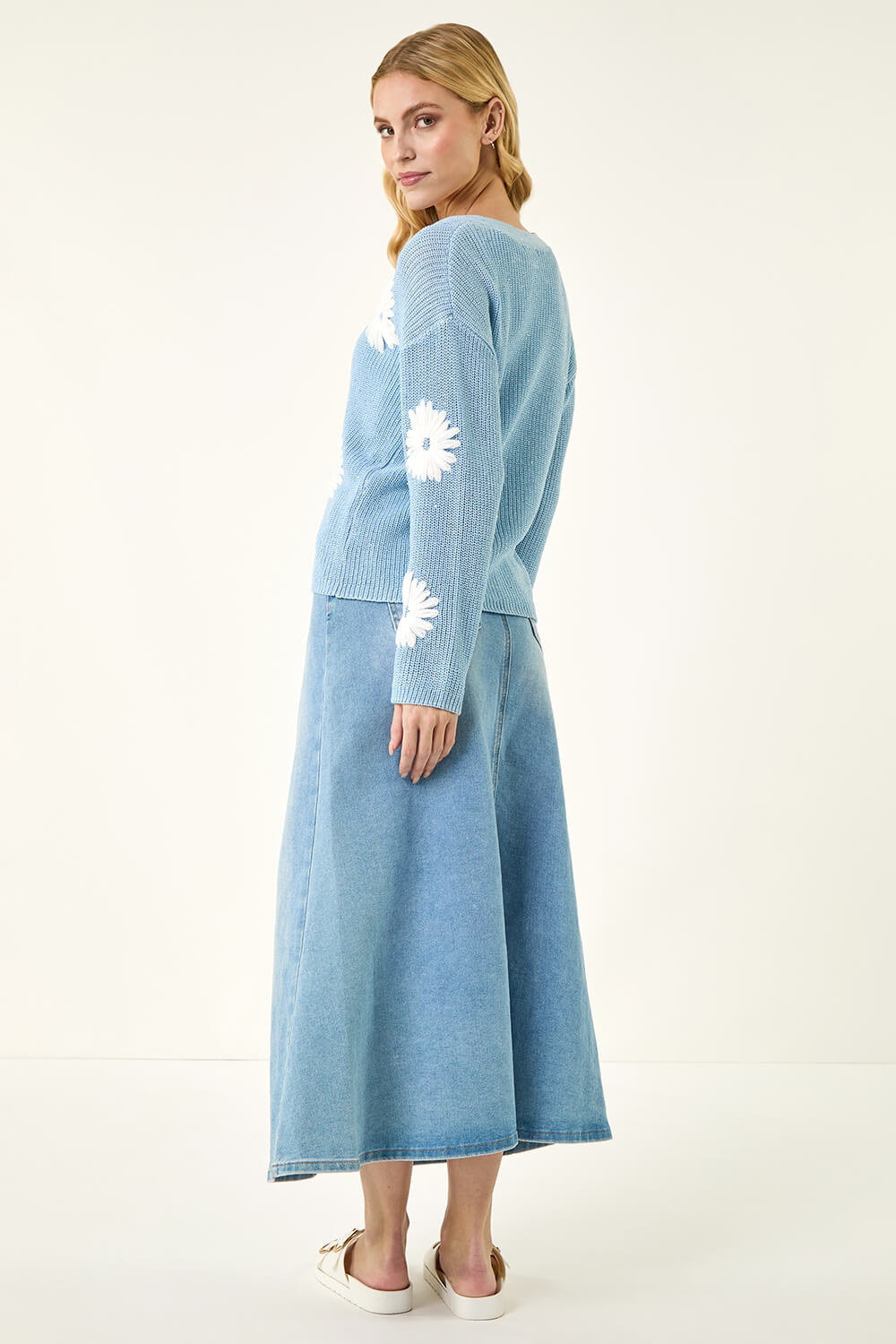Light Blue Daisy Detail Knit Cardigan, Image 5 of 8