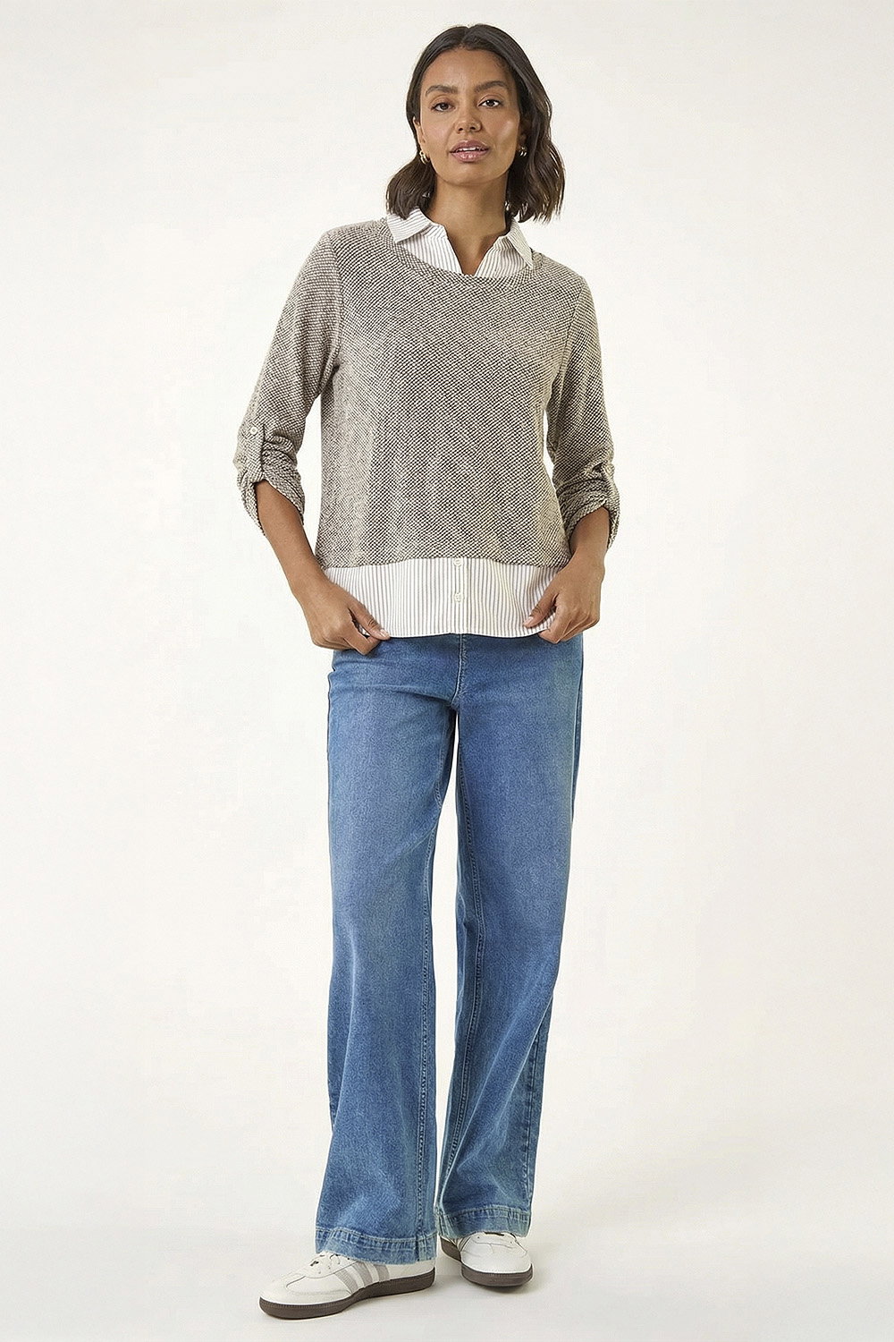 Beige 2 in 1 Mock Shirt Textured Knit Jumper, Image 5 of 6