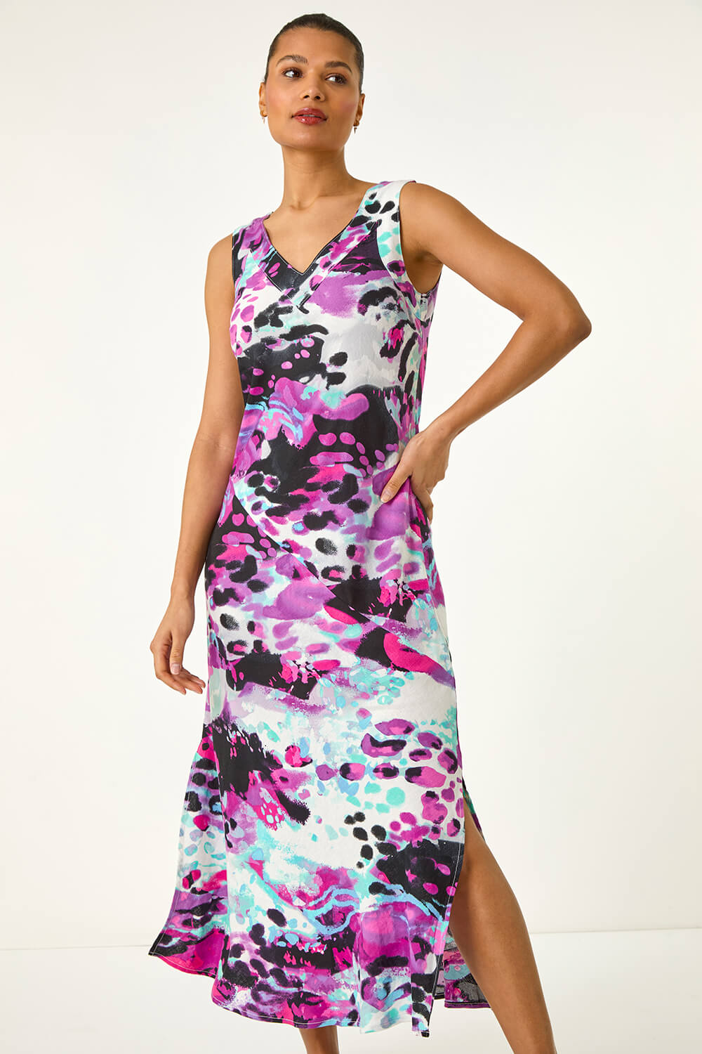Purple Abstract Bias Linen Blend Midi Dress, Image 5 of 5