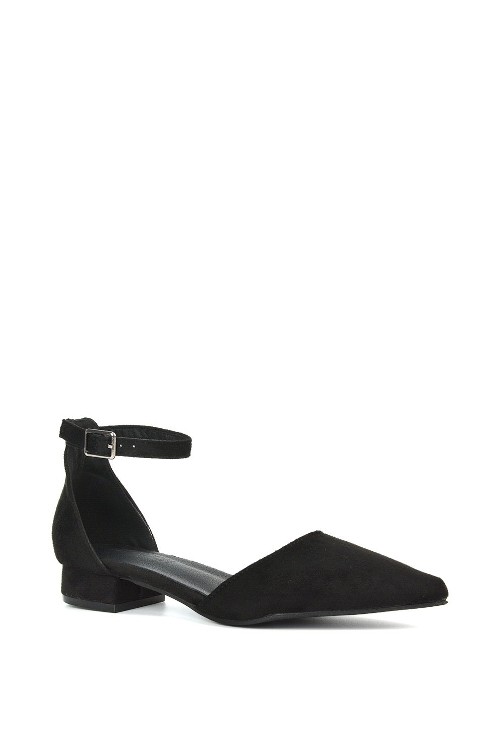 Black XY LONDON Black 'Jenny' Low Heel Flat Pointed Toe Ankle Strap Court Shoes, Image 2 of 5