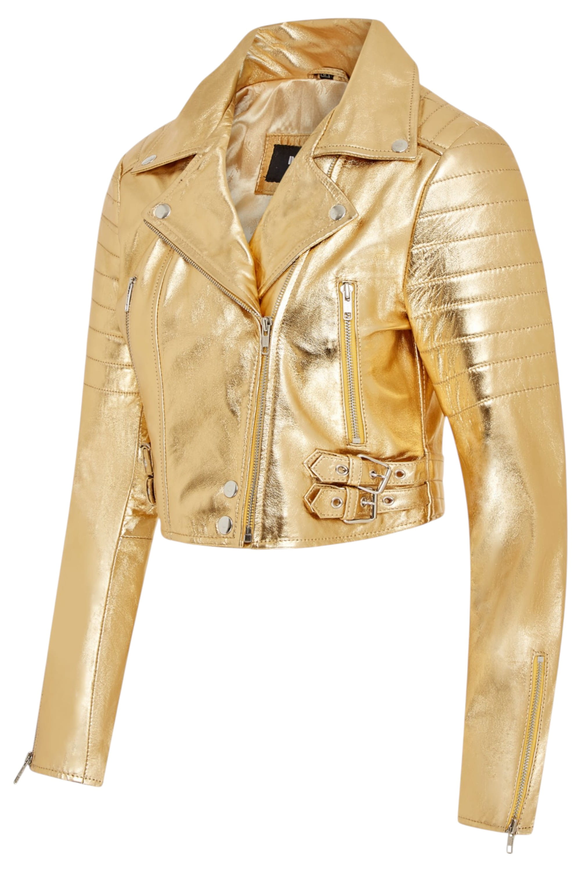 Gold Cropped Brando Leather Biker Jacket, Image 4 of 7