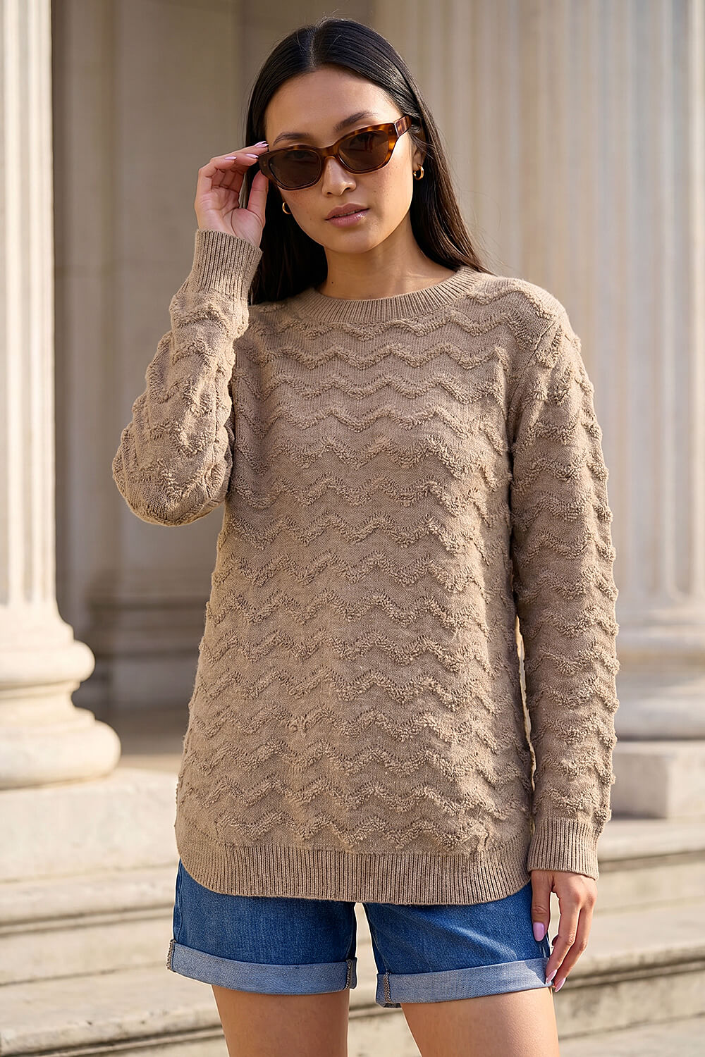 Taupe Shimmer Curved Hem Jumper, Image 1 of 4