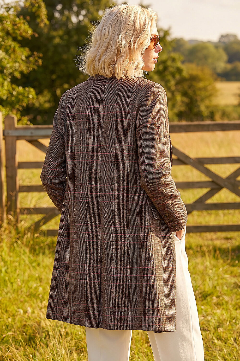 Brown Petite Button Check Coat, Image 3 of 4