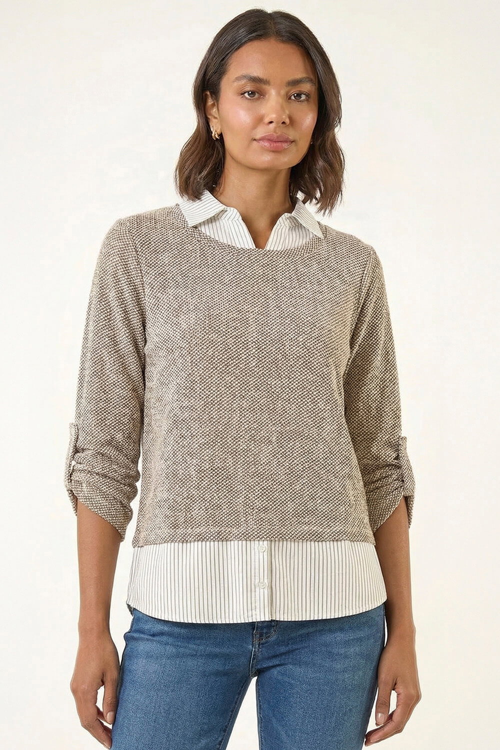 Beige 2 in 1 Mock Shirt Textured Knit Jumper, Image 3 of 6