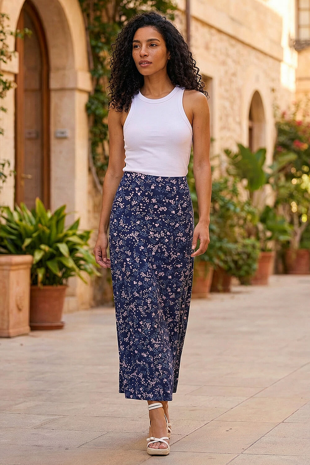 Floral Print Stretch Midi Skirt in Navy - Roman Originals UK