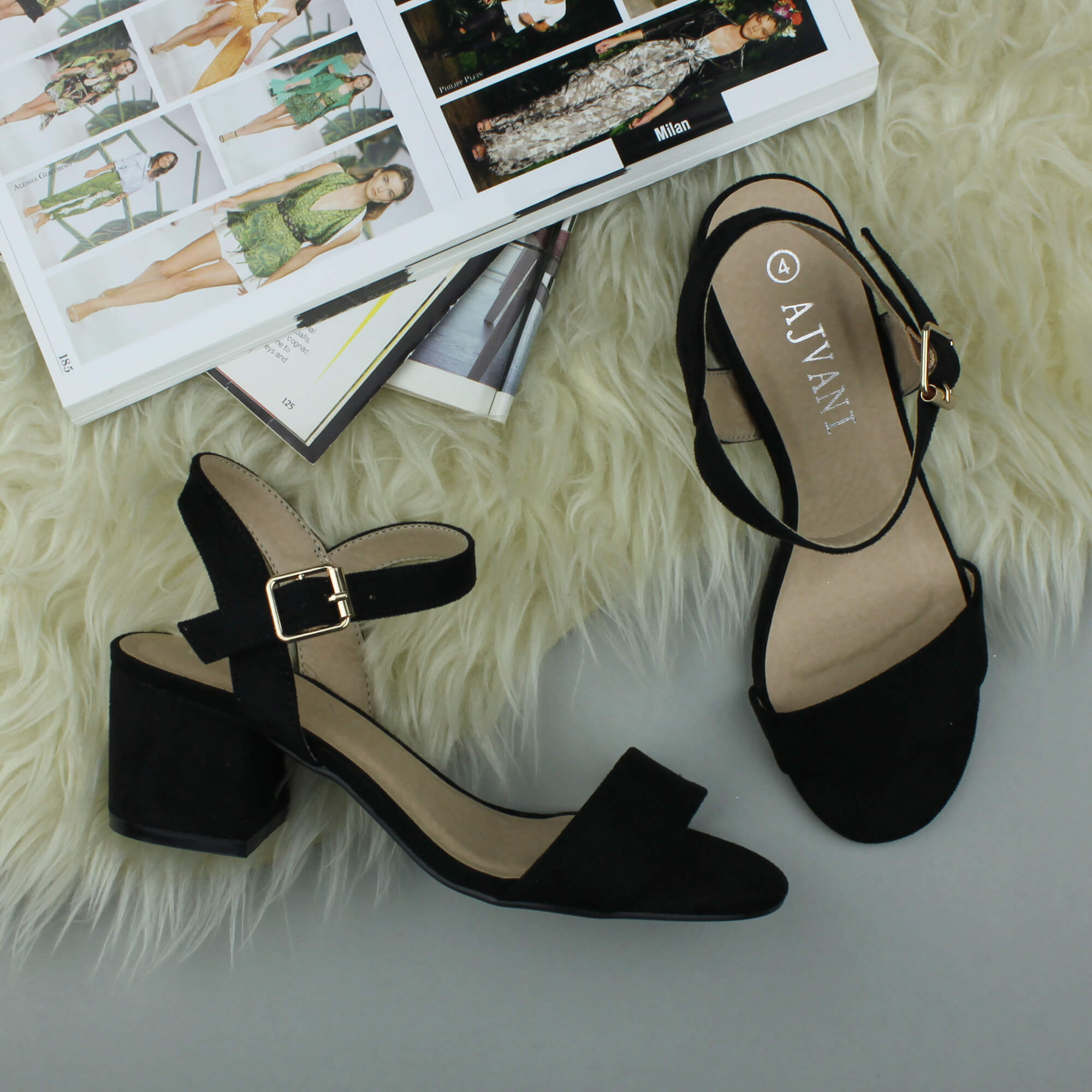 Black AJVANI Black Mid Block Heel Strappy Sandals, Image 4 of 6