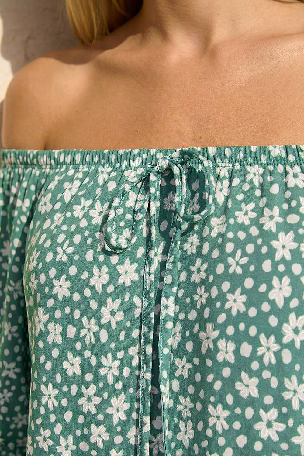Sage Floral Puff Print Bardot Top , Image 5 of 4