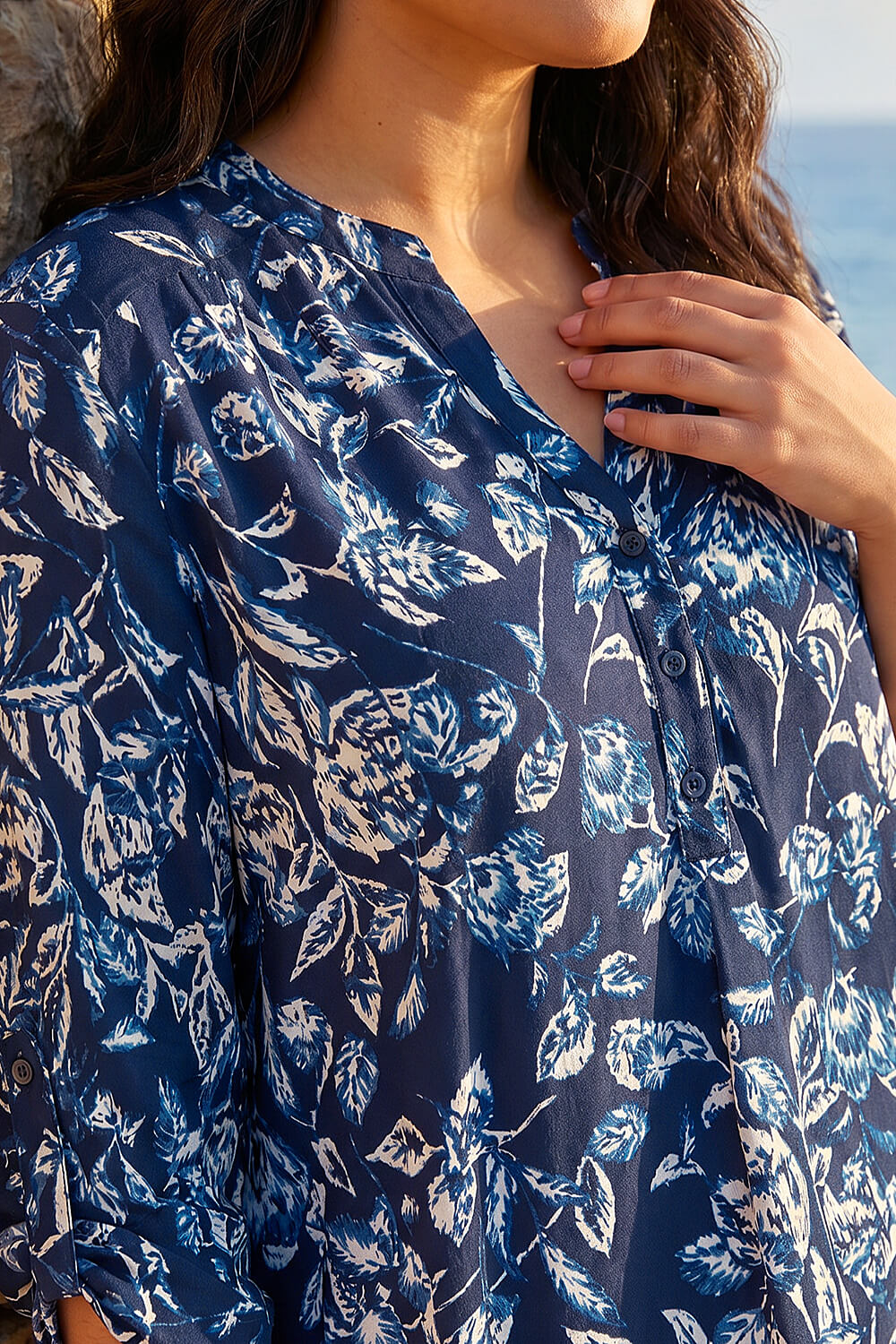 Navy Curve Puff Print Stretch Shirt, Image 5 of 4