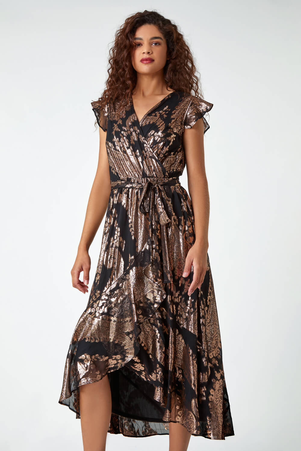 Black Metallic Paisley Print Midi Wrap Dress, Image 3 of 5