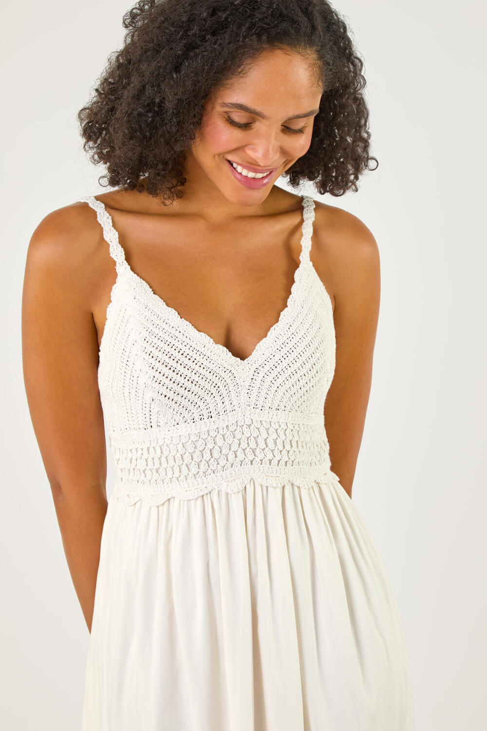 White Crochet Strappy Midi Dress, Image 5 of 5