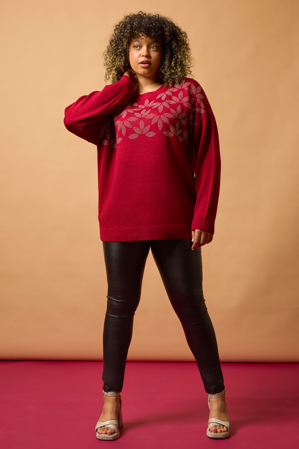 Red Curve Leaf Print Sparkly Knit Jumper, Image 8 of 7