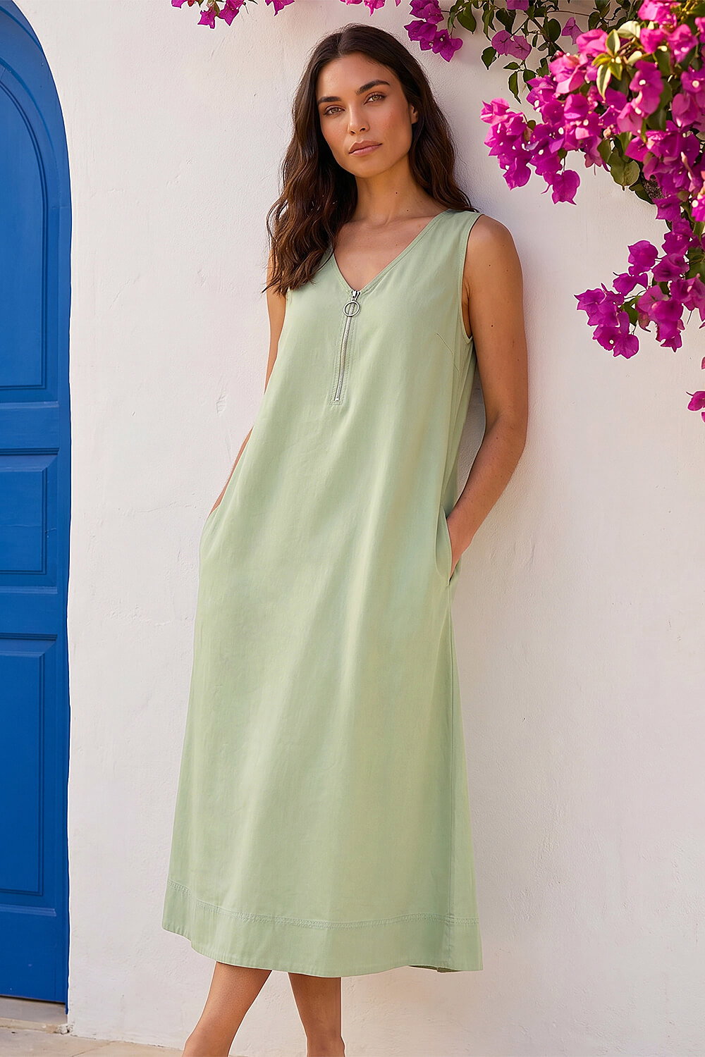Sage Zip Front Sleeveless Midi Dress | Roman UK