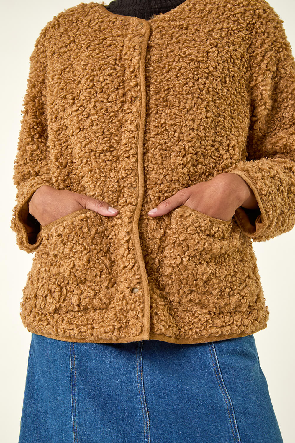 Tan Faux Fur Borg Front Pocket Jacket | Roman UK