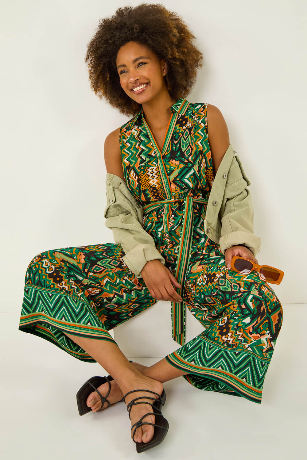 Green Zig Zag Print Full Length Jumpsuit, Image 1 of 5
