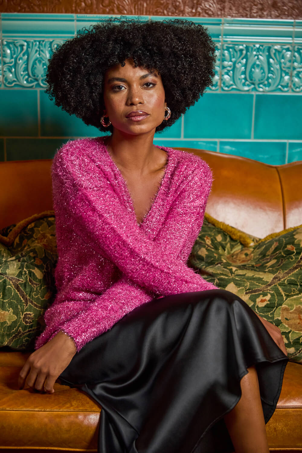 Cerise Buttoned Tinsel Knit Cardigan, Image 8 of 8