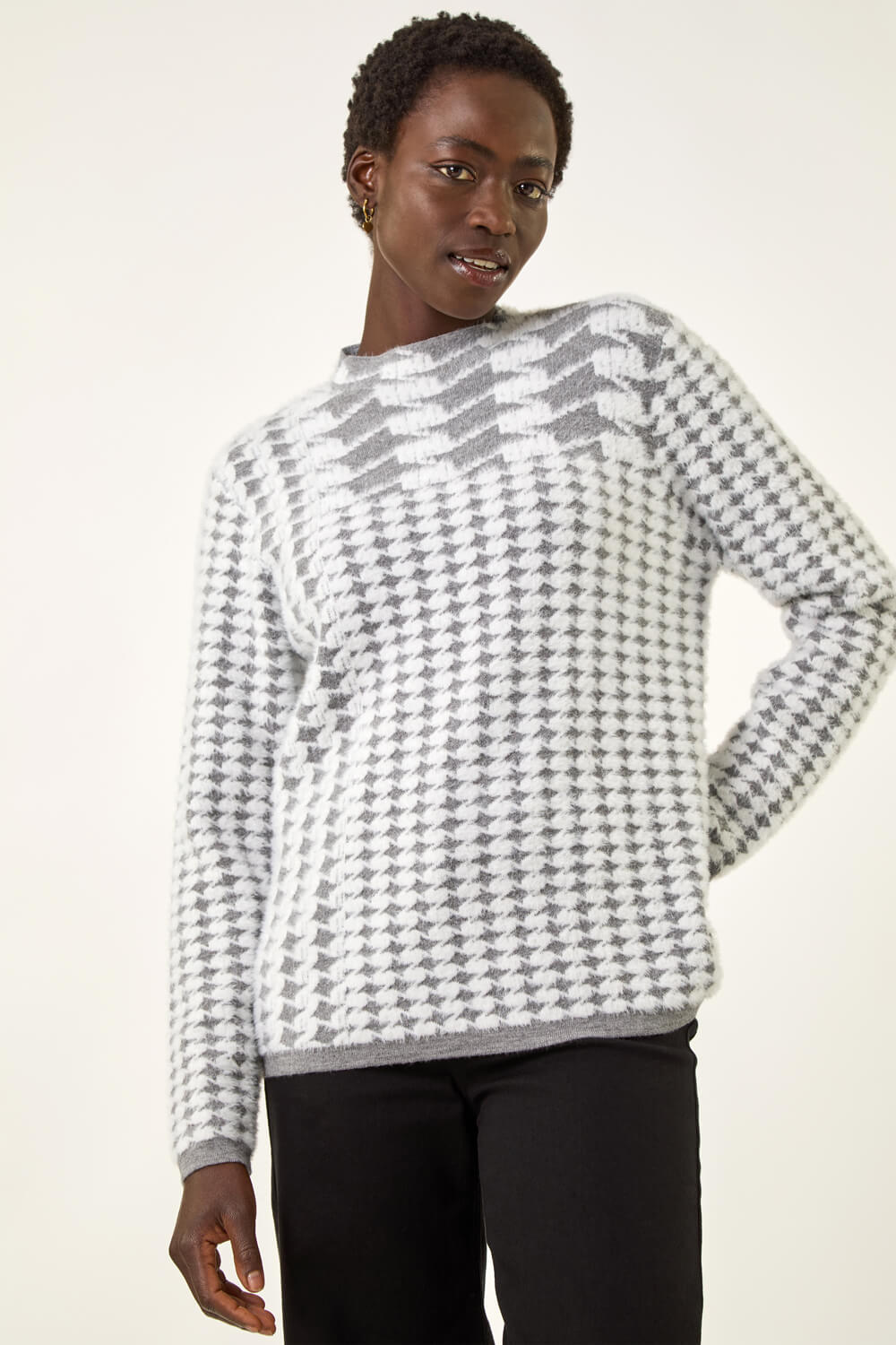 Grey Intarsia High Neck Knit Jumper, Image 3 of 5