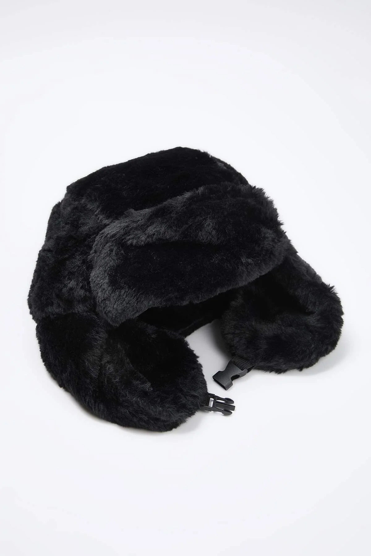 Black Faux Fur Buckle Detail Trapper Hat, Image 1 of 3