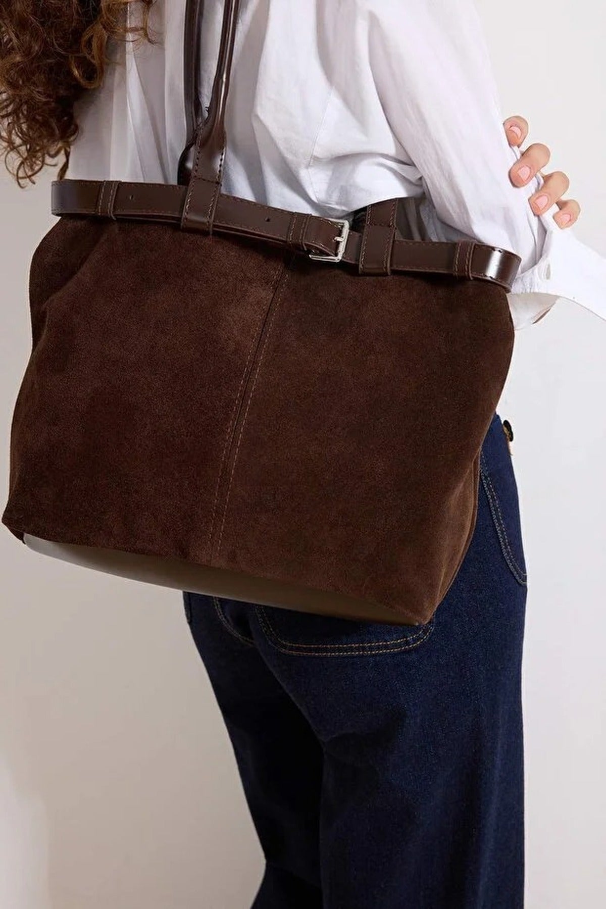 Dark Brown Women's Suede Shoulder Bag with Buckle Detail, Image 1 of 3