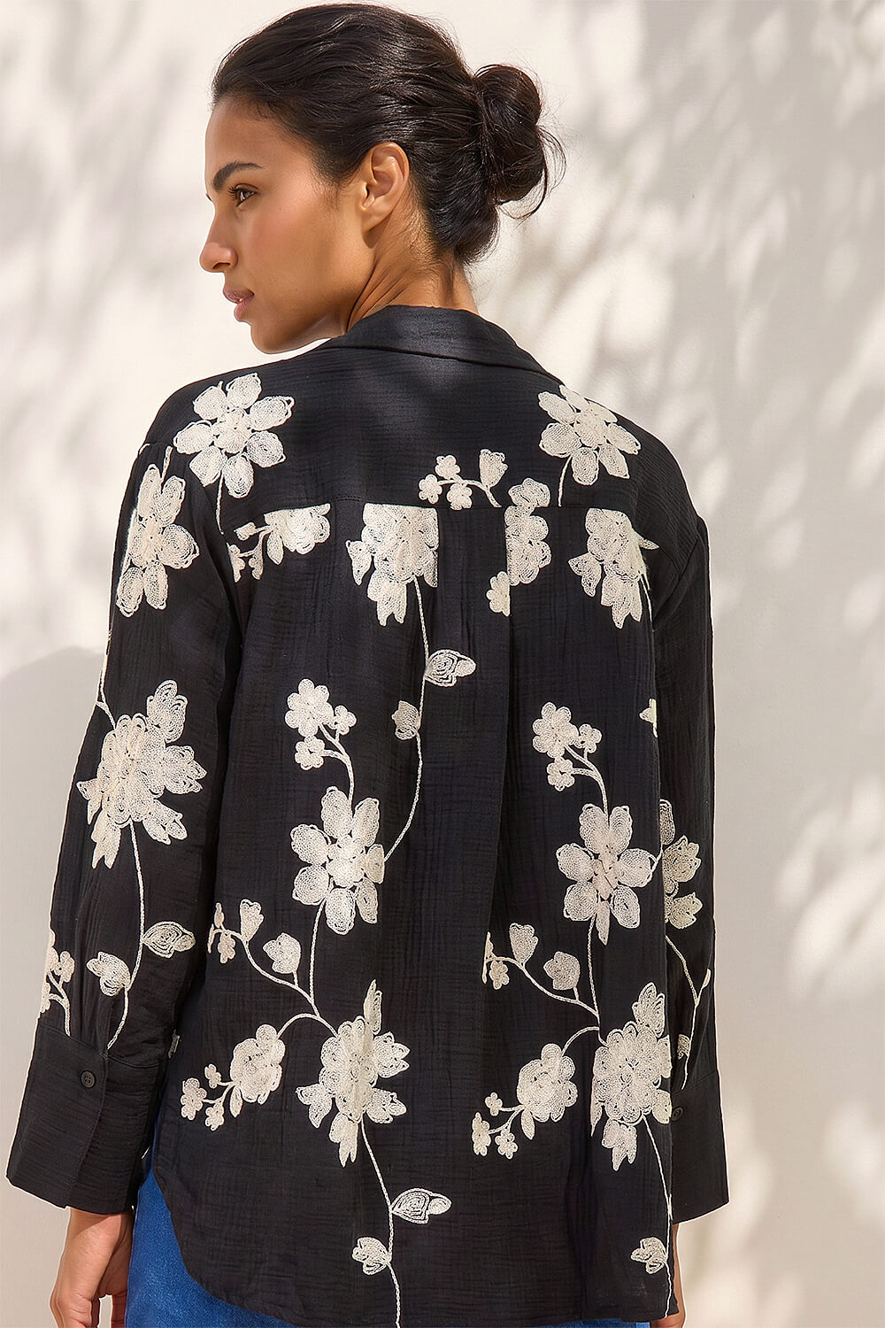 Black Floral Embroidered Collared Shirt, Image 4 of 4