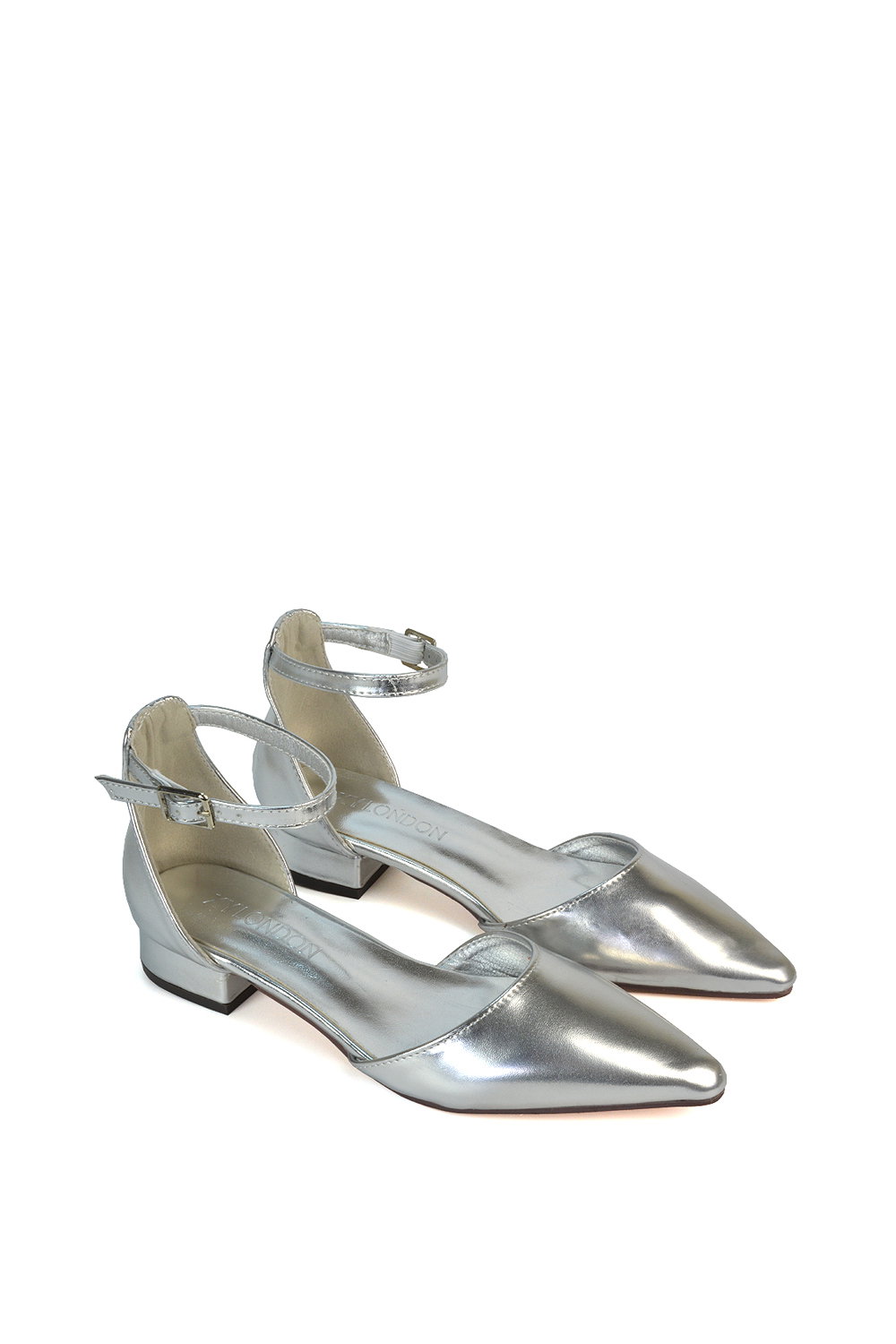 Silver 'Jenny' Low Heel Flat Pointed Toe Ankle Strap Court Shoes, Image 5 of 5