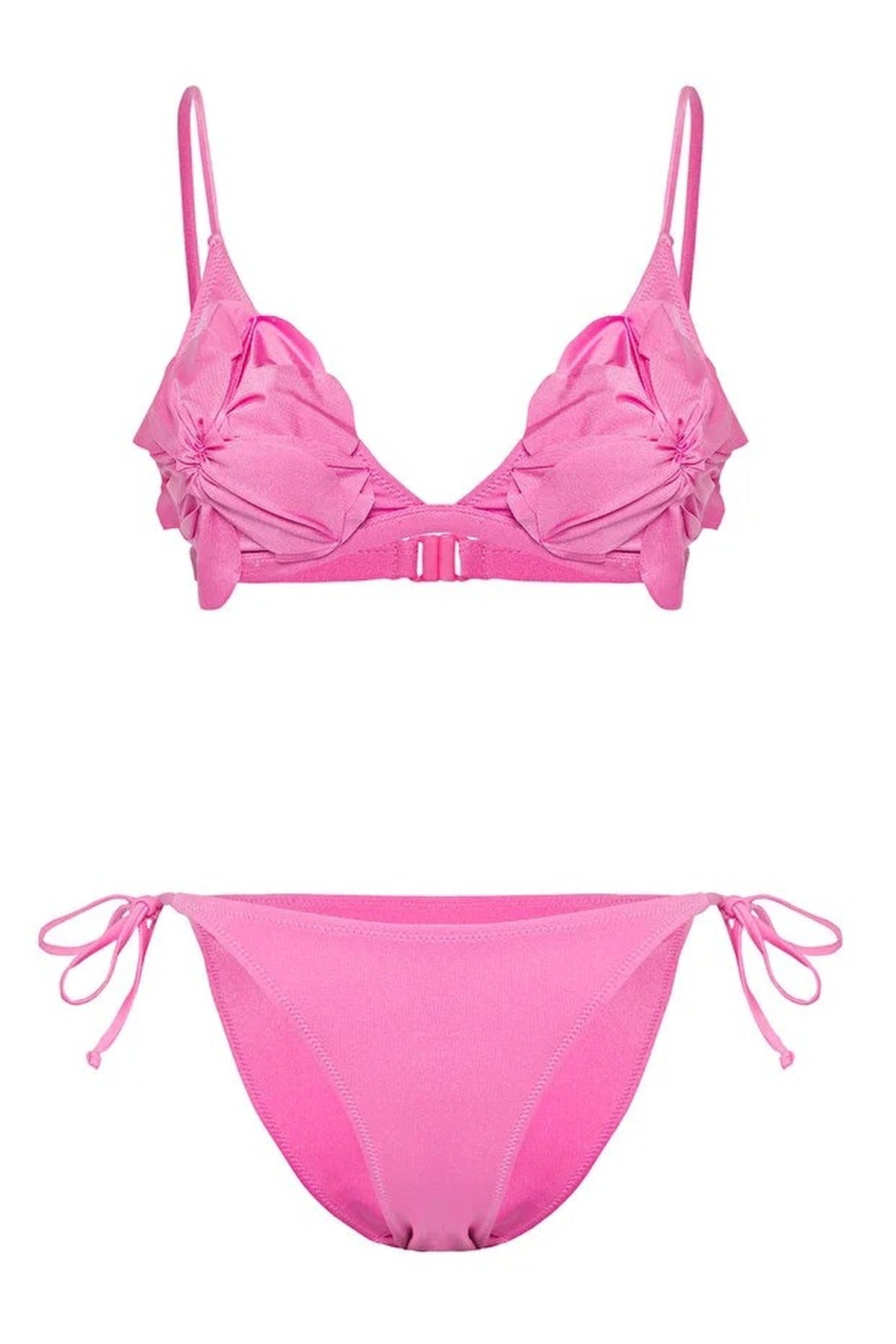 Pink Applique Detail Triangle Bikini Set with Tie Side, Image 3 of 5