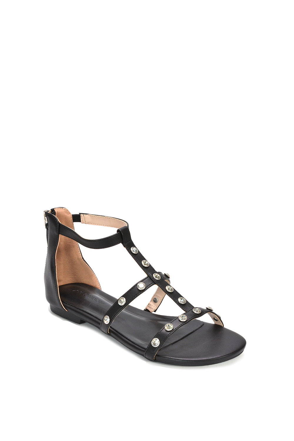 Black XY LONDON Black 'Julia' T-Bar Gladiator Sandals With Studded Details, Image 2 of 6