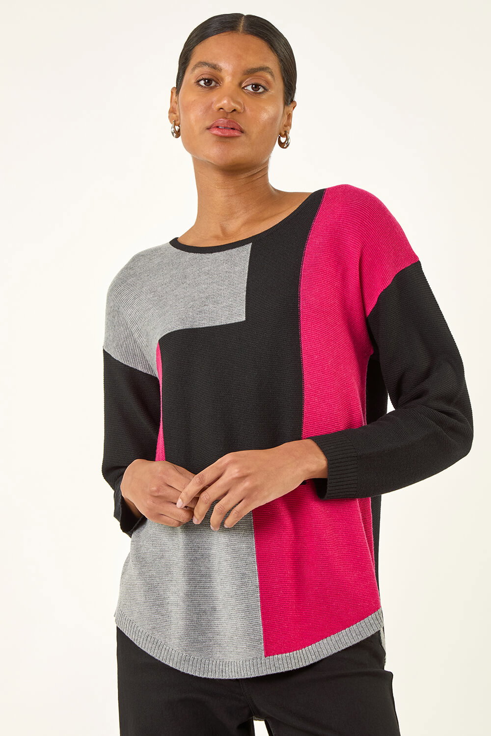 Black Ribbed Colour Block Knit Jumper, Image 1 of 5