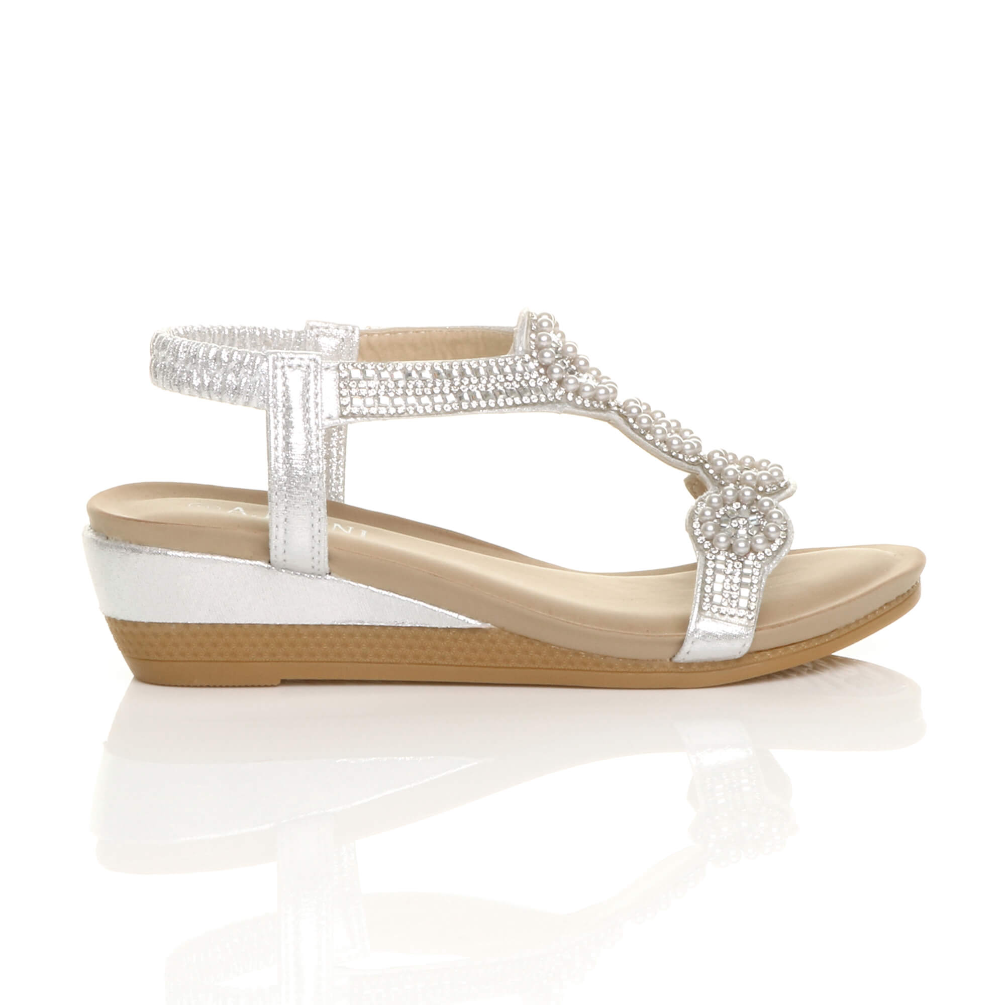Silver AJVANI Silver Mid Wedge Diamante Slingback Sandals, Image 2 of 6