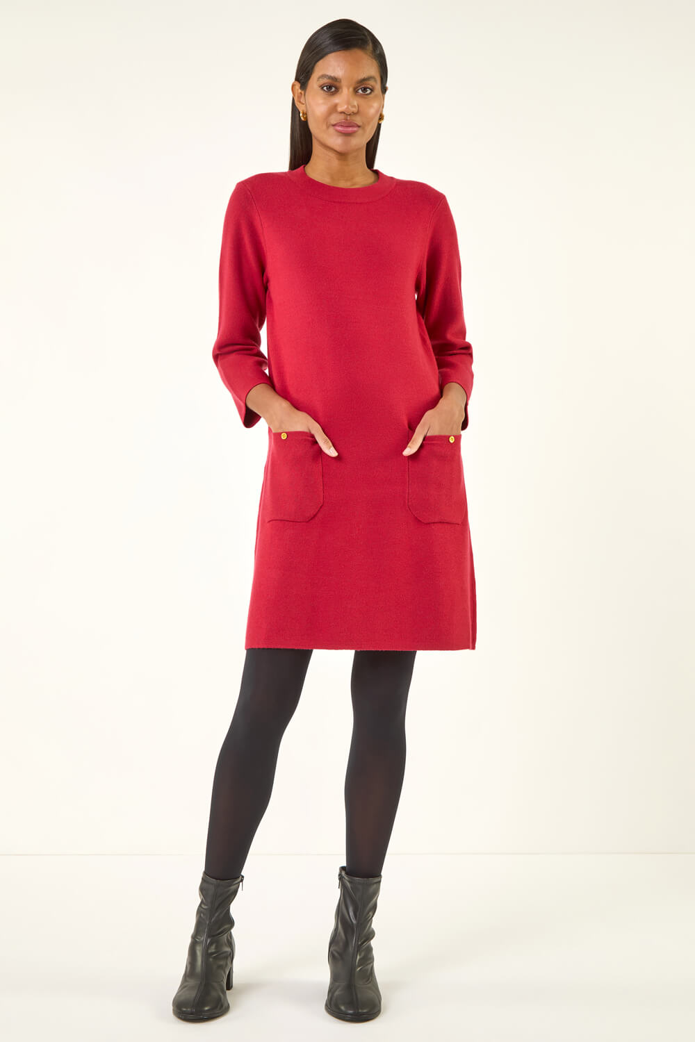 Red Patch Pocket Knit Dress, Image 3 of 5