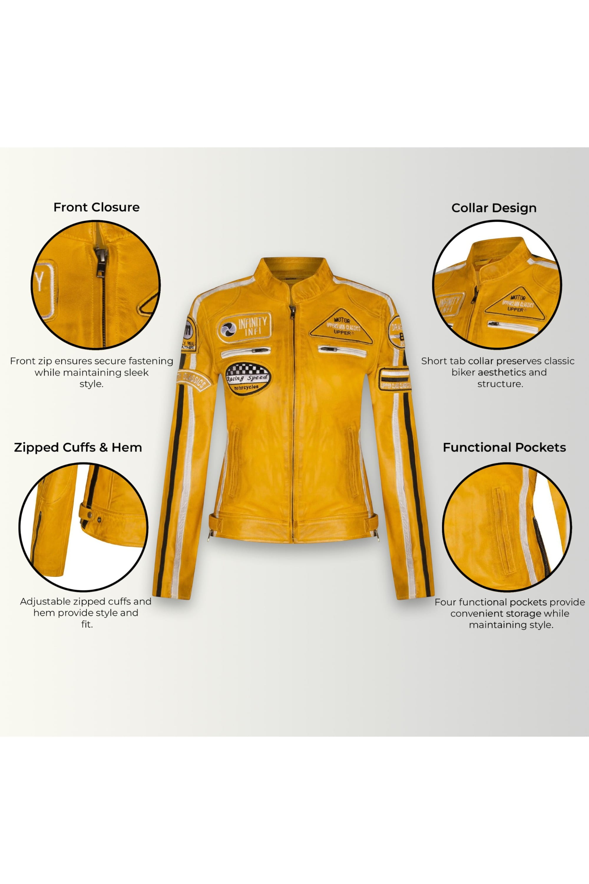 Yellow Infinity Leather Yellow Biker Racing Badges Leather Jacket, Image 3 of 5