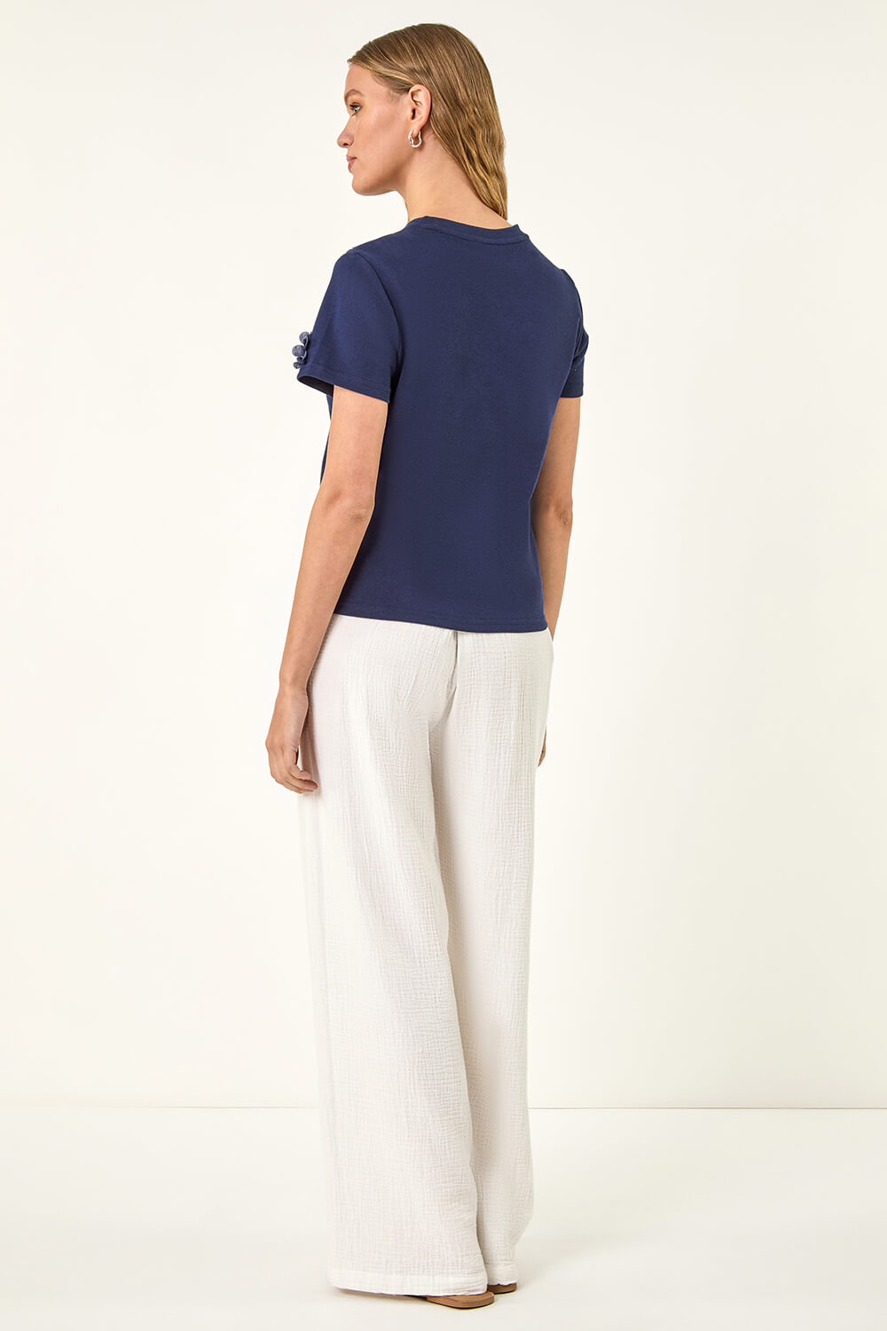 Petrol Blue Floral Applique T-shirt, Image 4 of 5