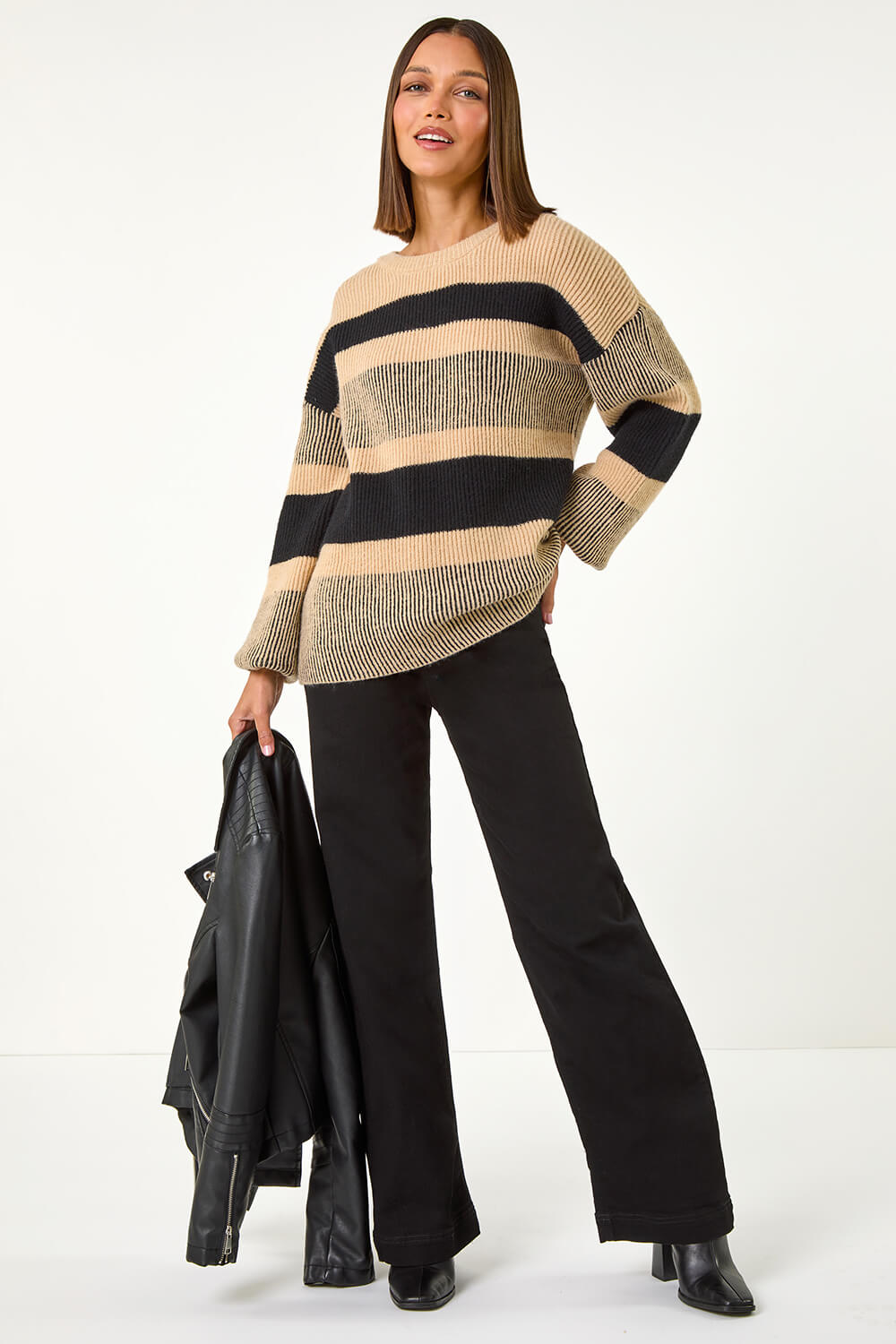 Camel Colour Block Striped Knit Jumper, Image 3 of 5