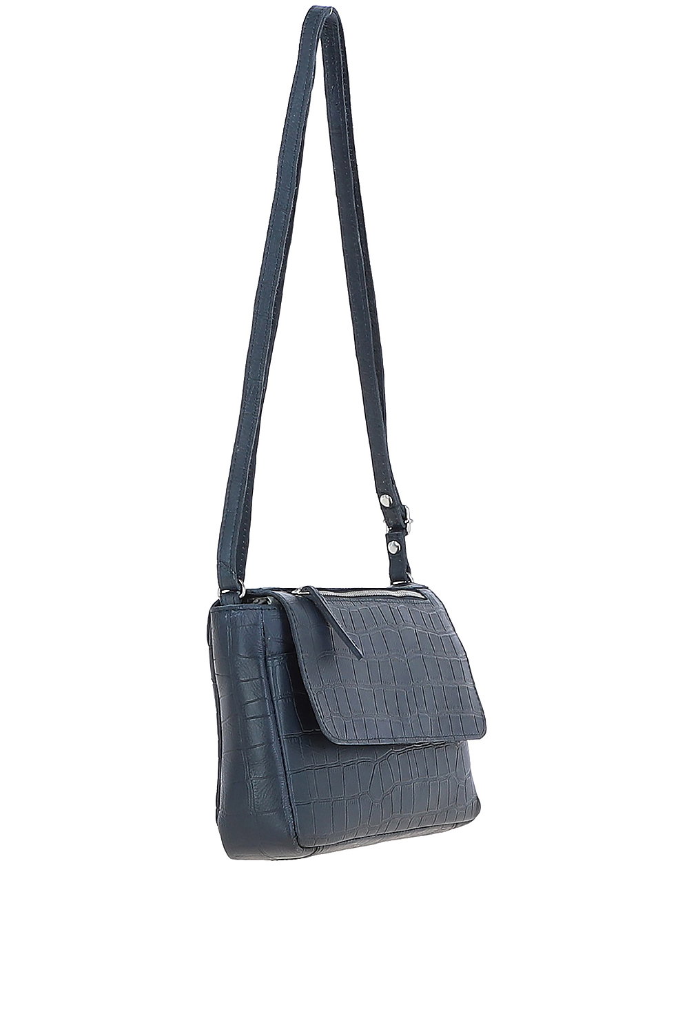 Navy Ashwood Leather Navy 'Valentina' Flap Over Croc Print Real Leather Shoulder Bag, Image 5 of 5