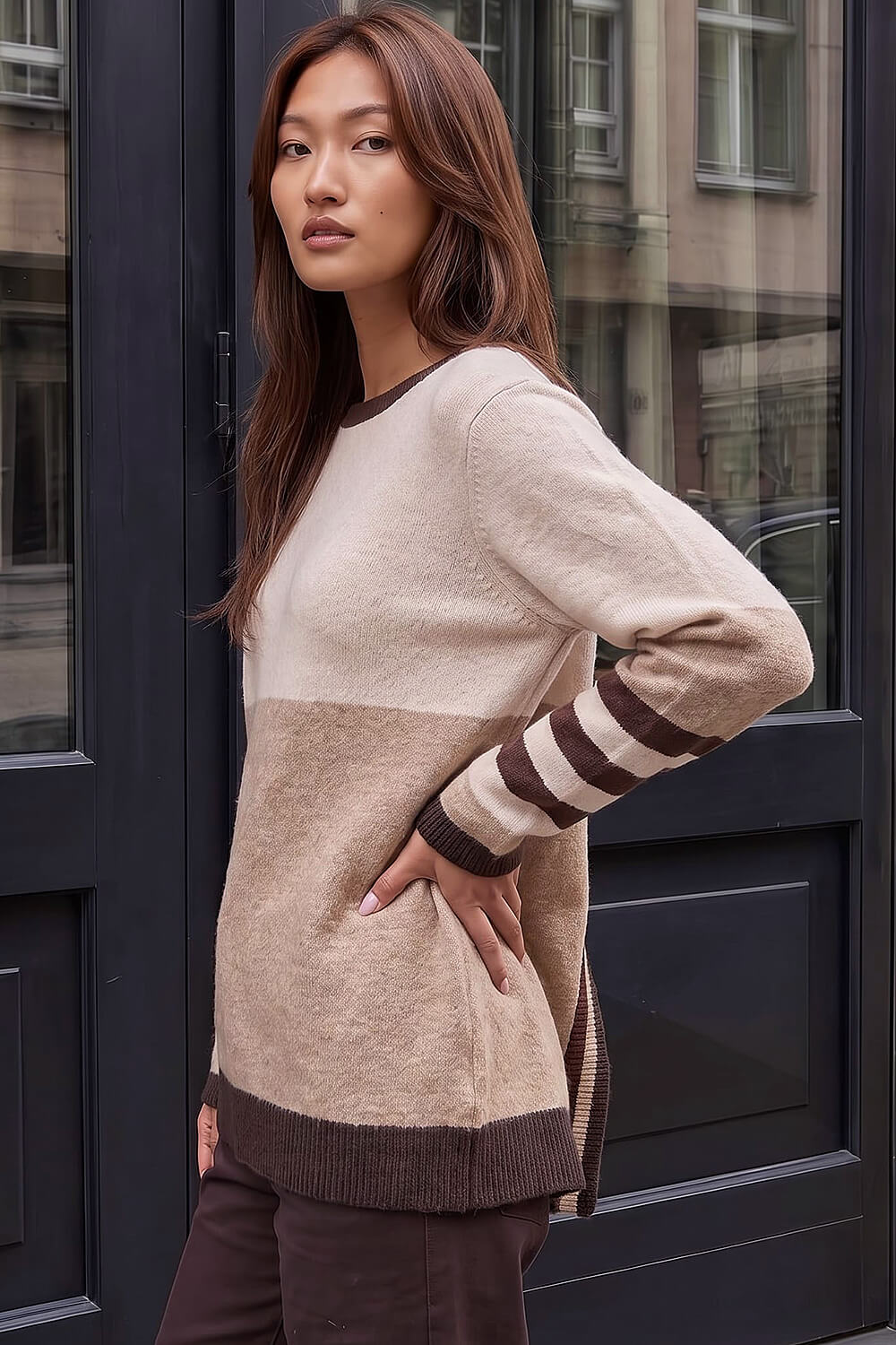 Roman Women's Neutral Colour Block Stripe Jumper Size 12