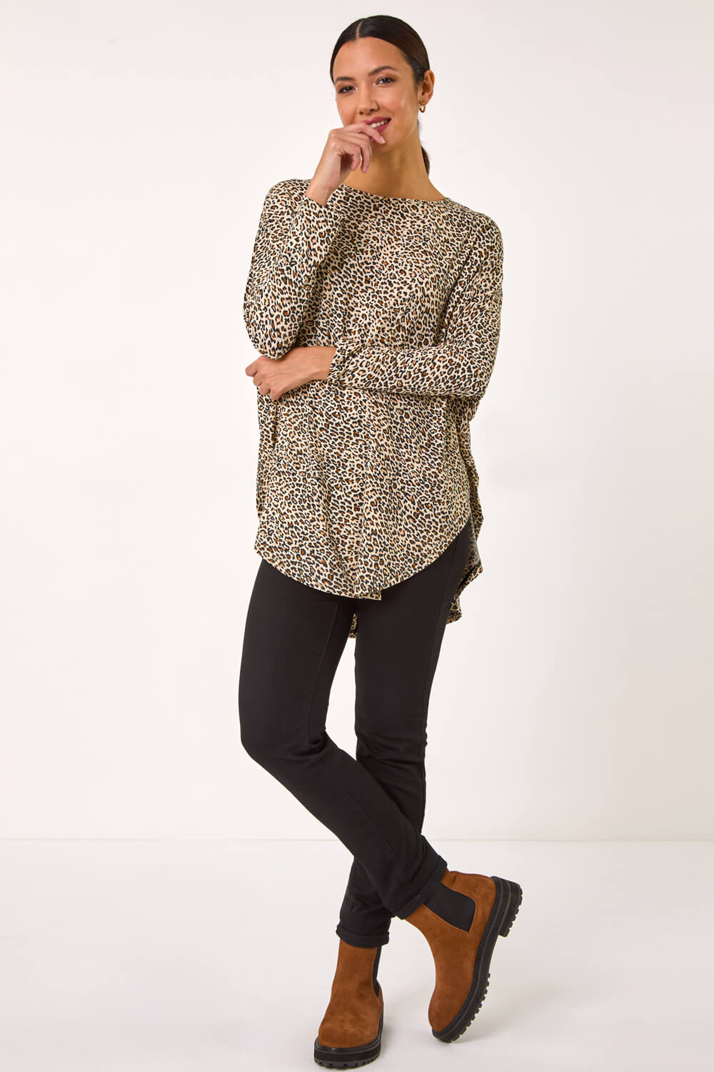 Natural Animal Print Stretch Tunic Top, Image 3 of 5