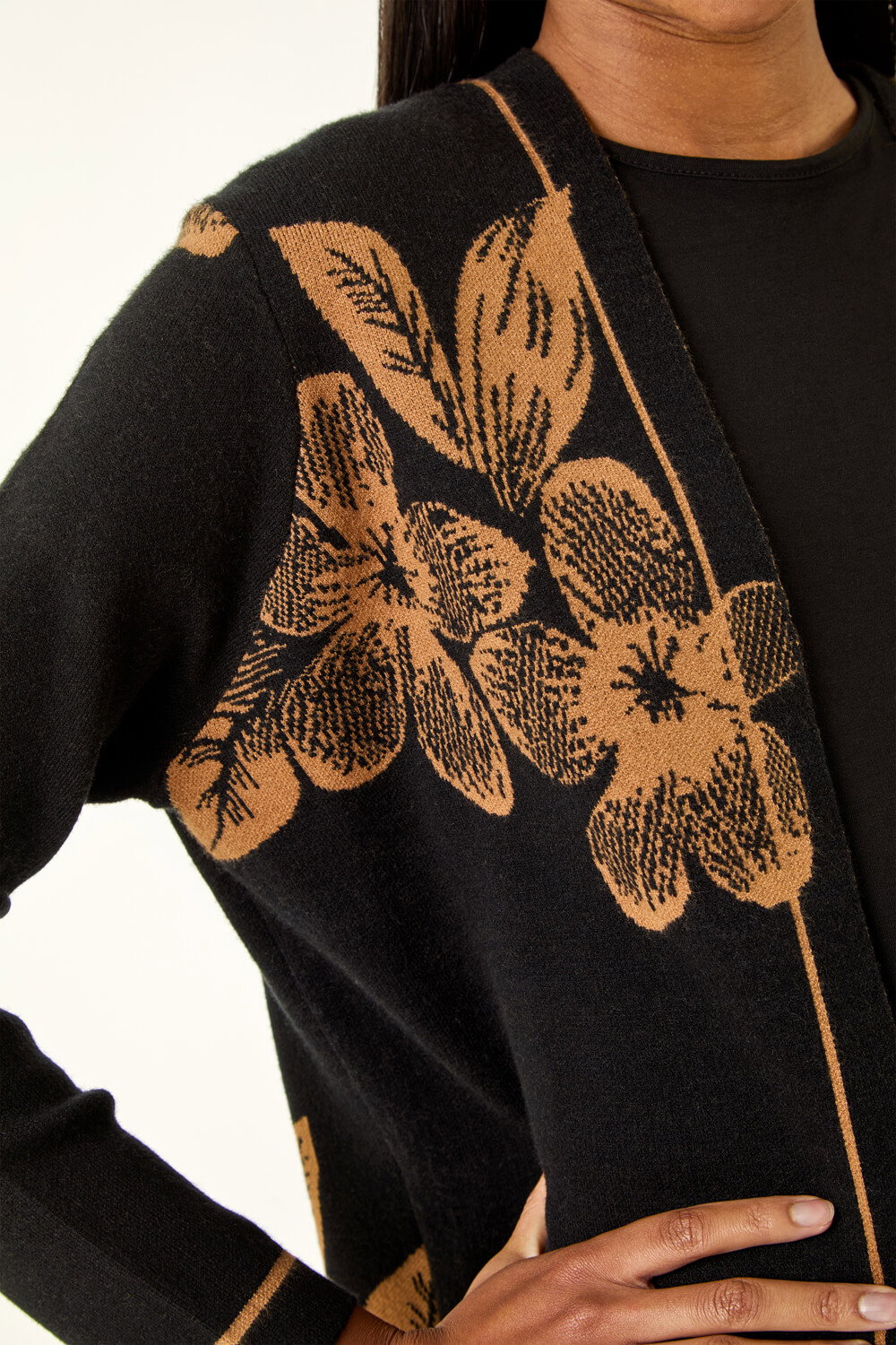 Black Contrast Floral Print Cardigan , Image 6 of 5