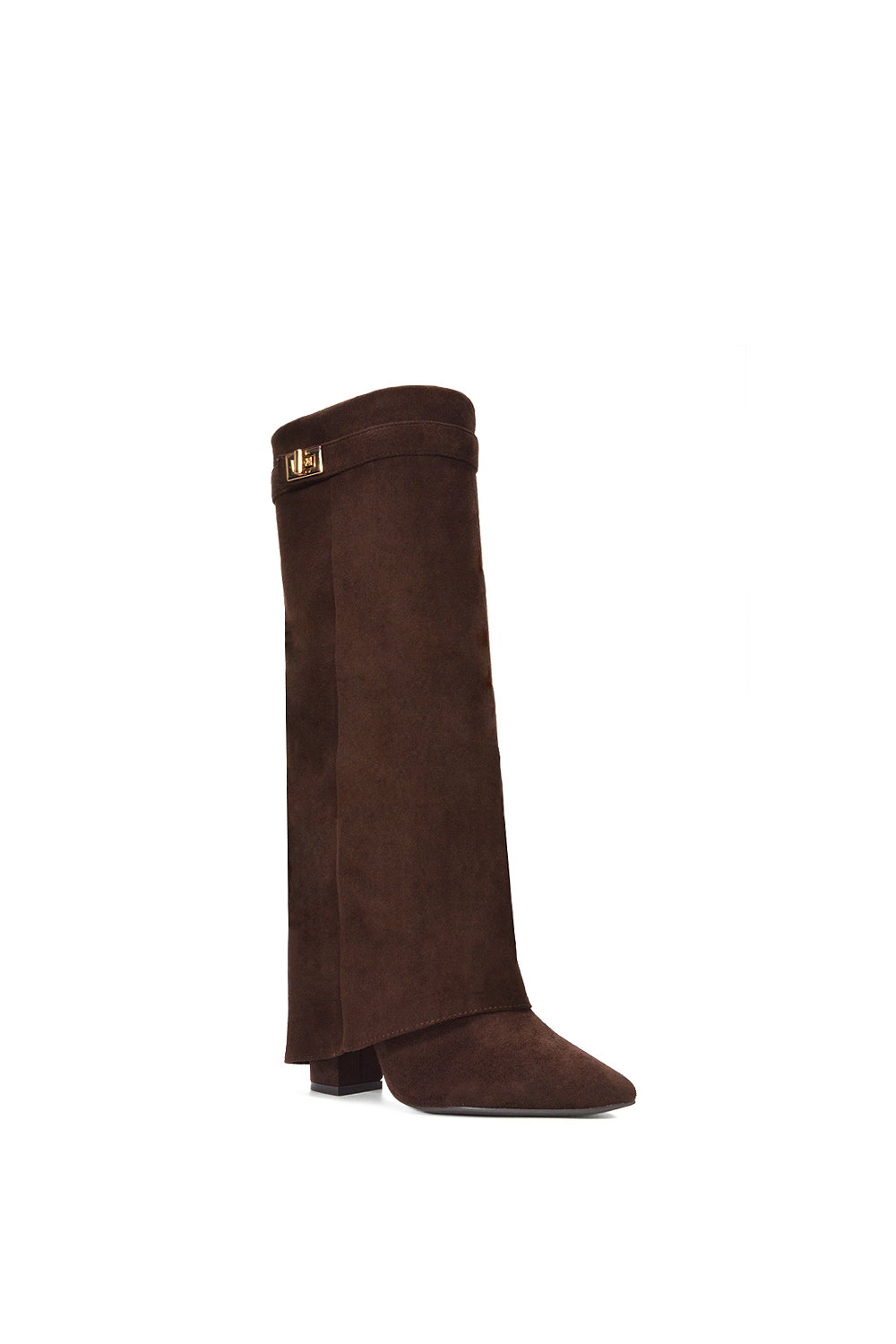 Chocolate XY LONDON Chocolate 'Rayna' Block Heel Knee High Foldover Boots With Pointed Toe, Image 2 of 5