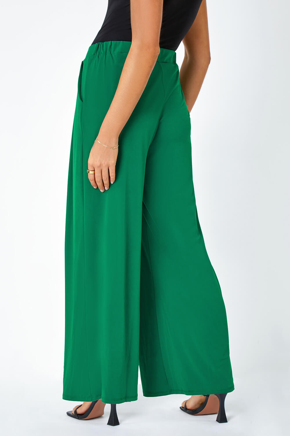 Dark Green Button Detail Wide Leg Stretch Trouser, Image 4 of 5
