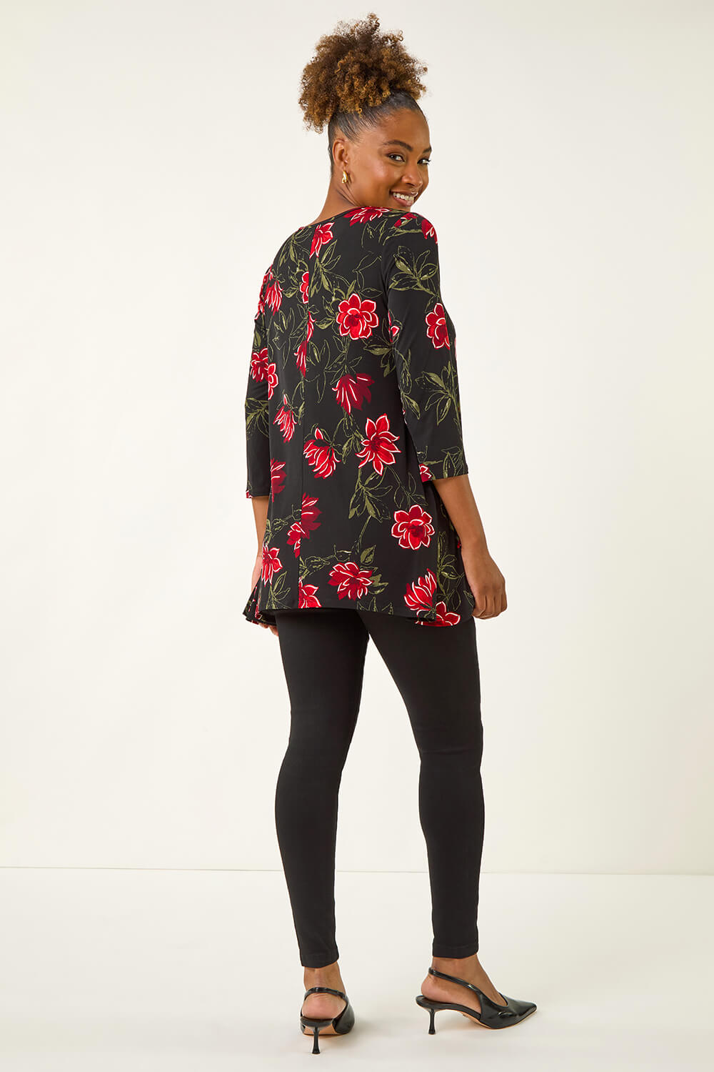 Red Floral Puff Print Tunic Top, Image 4 of 5