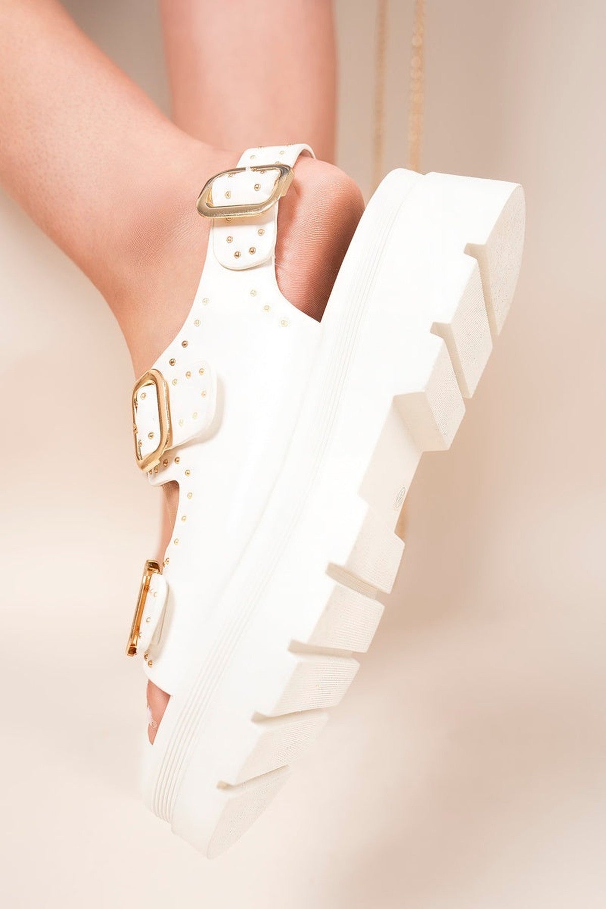 White Zora Chunky Double Buckle Studded Platform Sandals, Image 2 of 4