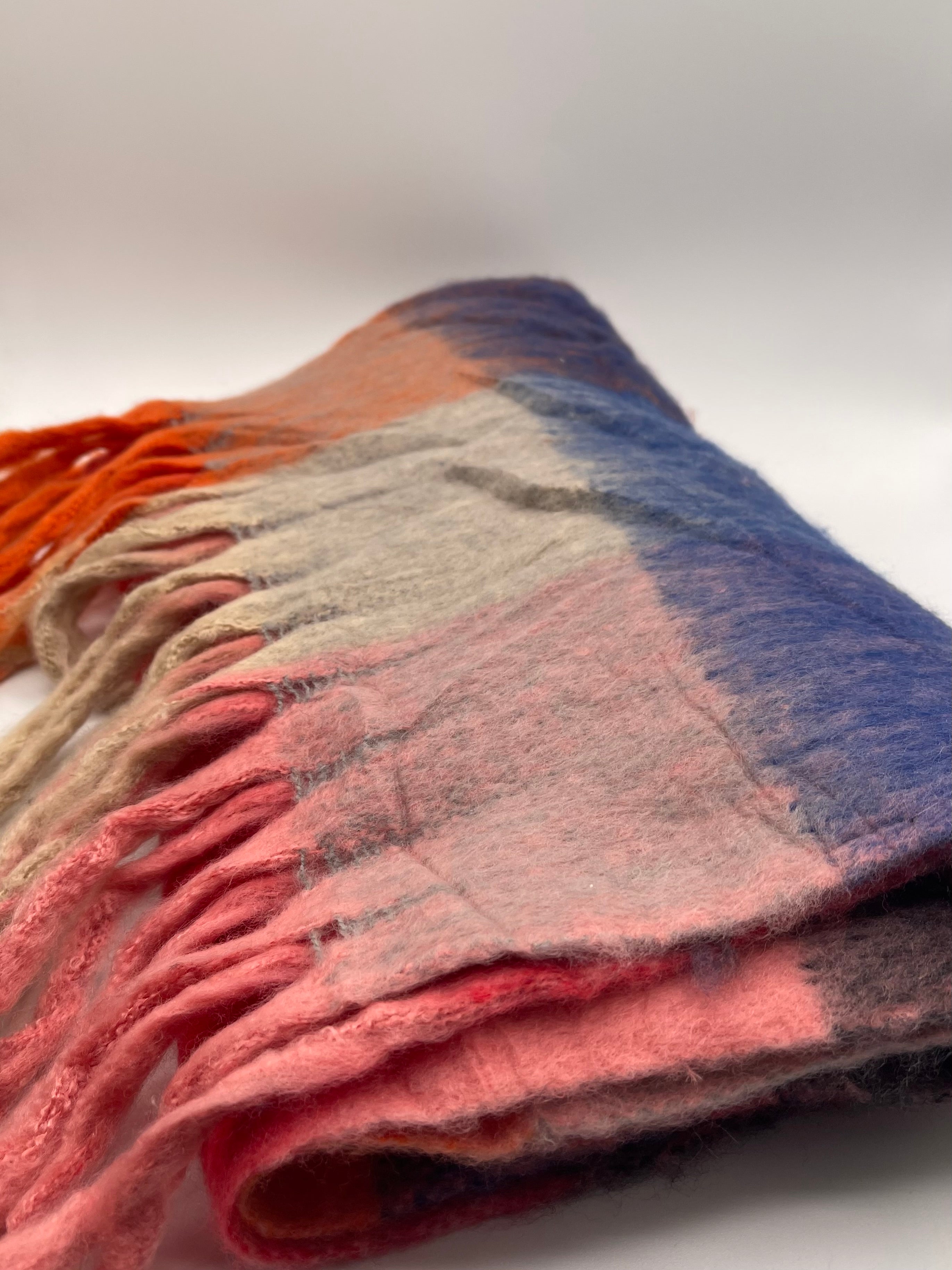 Multi Soft Chunky Checked Scarf with Tassels in Blue Berry, Image 4 of 4