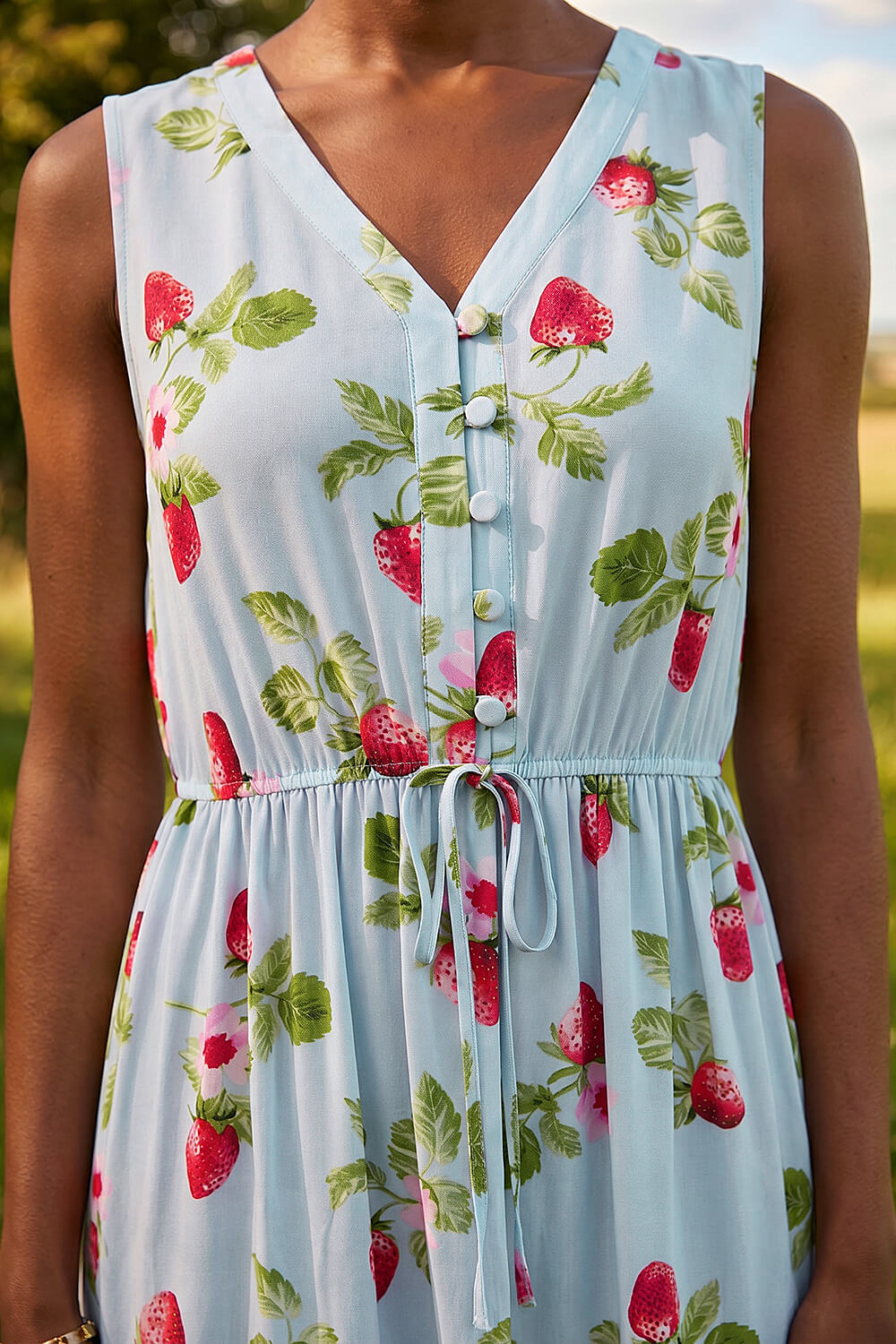Blue Petite Strawberry Tie Waist Dress, Image 5 of 4