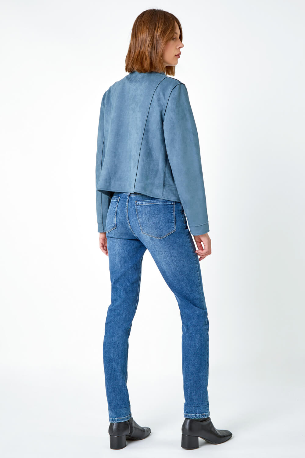 Steel Blue Faux Suede Biker Jacket, Image 5 of 6