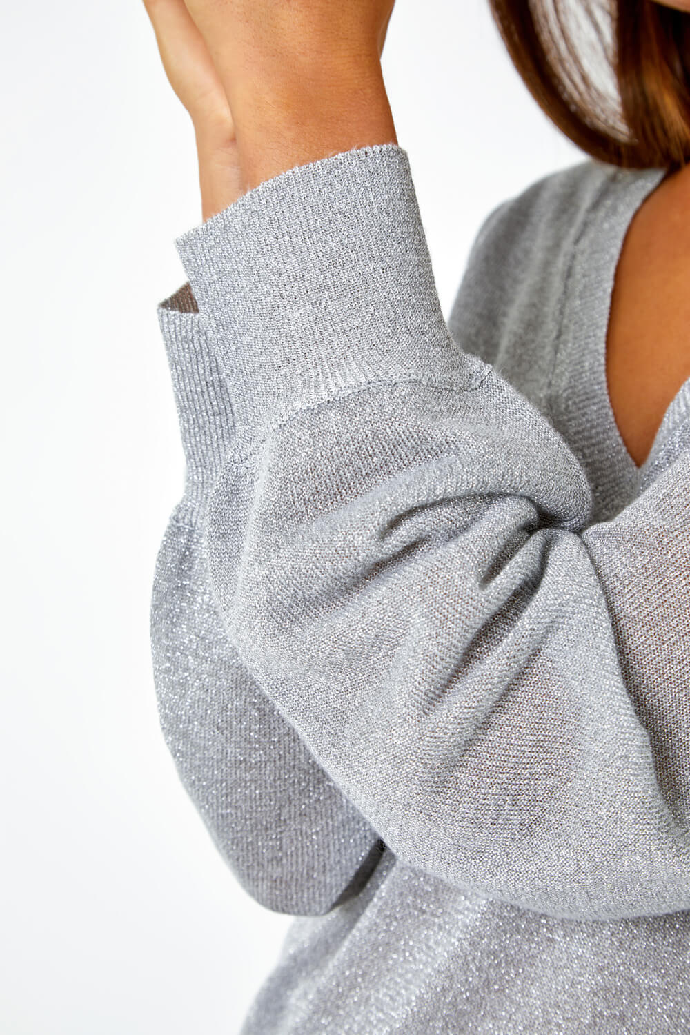 Silver Relaxed Stretch Sparkly V-Neck Jumper, Image 6 of 5